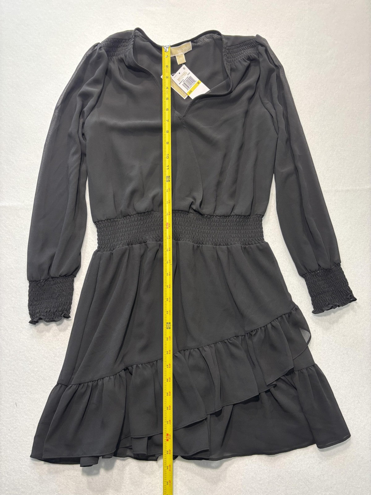 Michael Michael Kors Dress Womens M Black Chiffon Wrap Smocked Ruffle Lined