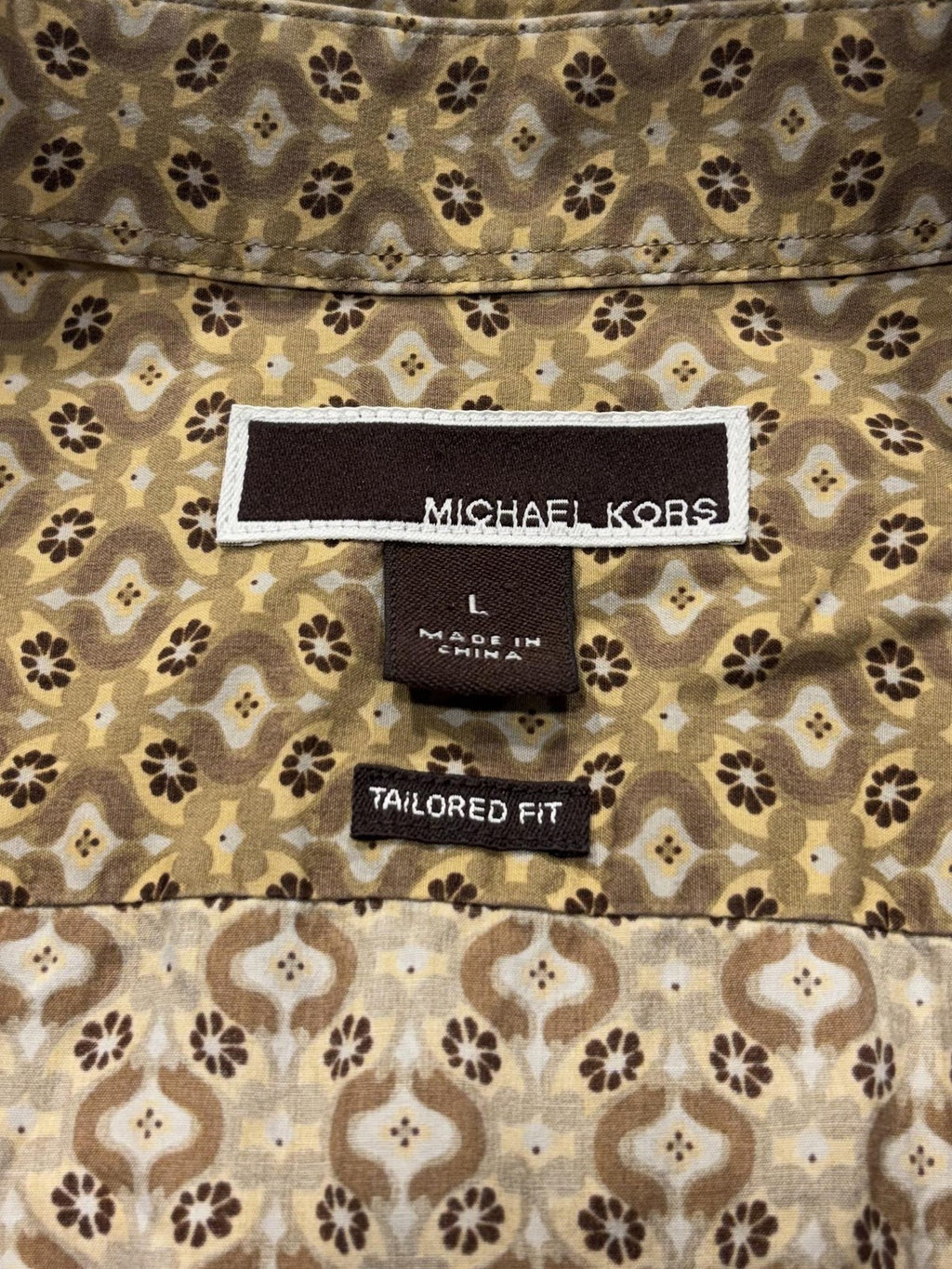 Michael Kors Dress Shirt Mens Large Brown Floral Long Sleeve Tailored Fit