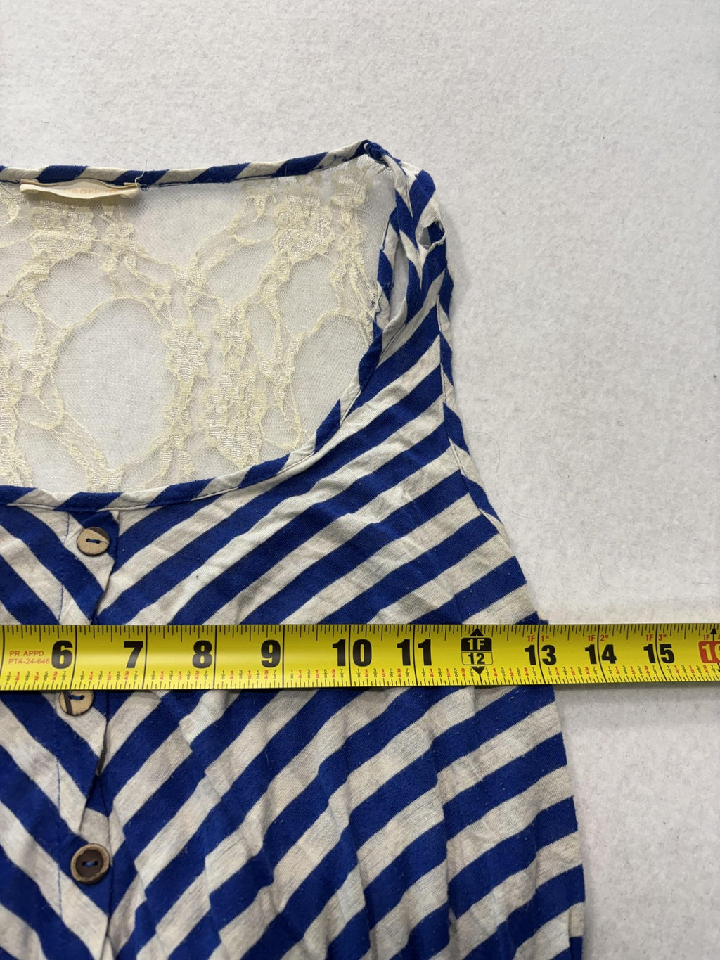 Pearl Blue Stripe Scoop Neck Lace Back Button Fit Flare Sundress Womens Small