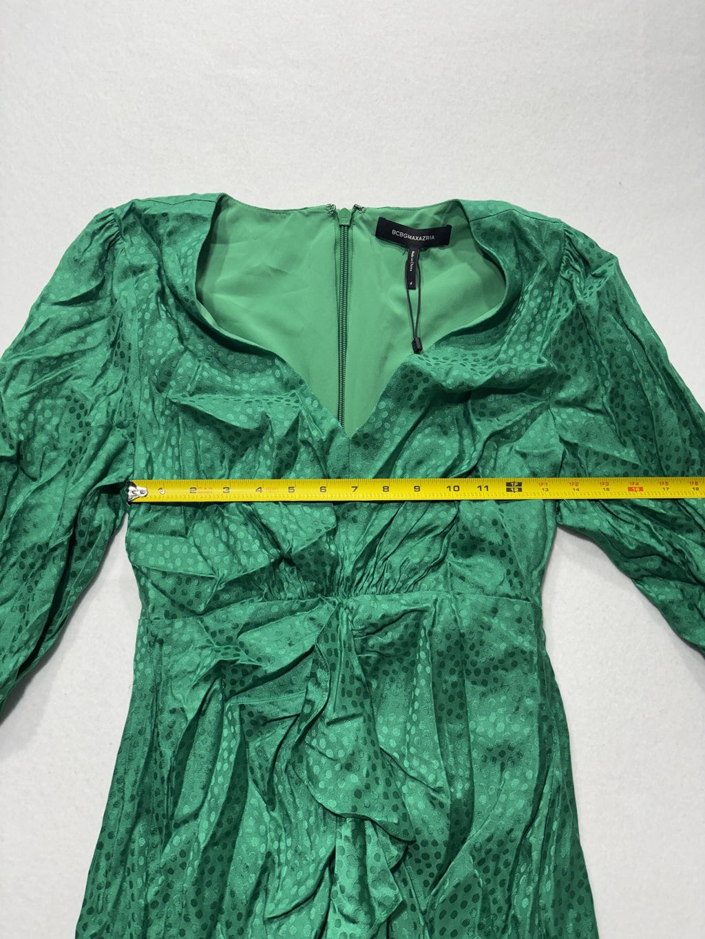 BCBGMAXAZRIA Dress Womens 4 Green Jacquard Sweetheart Ruffle Ruched Mini Party