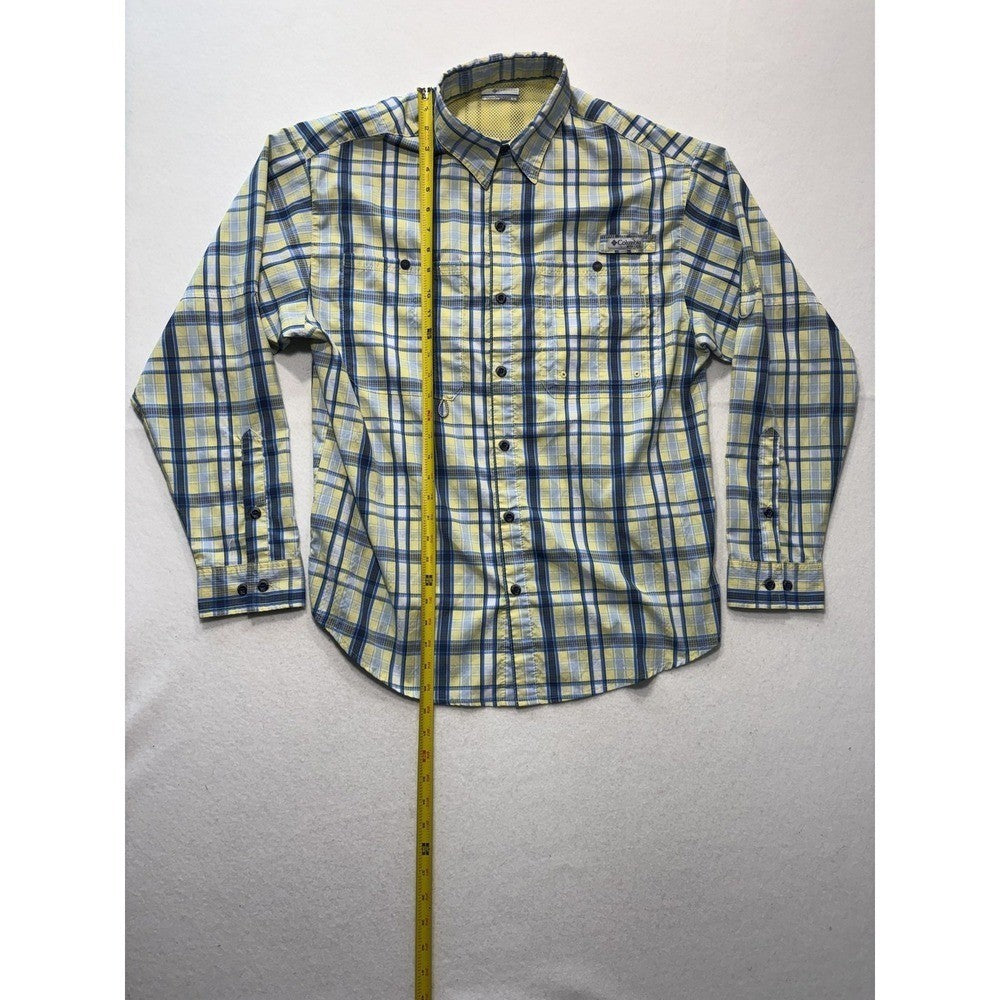 Columbia PFG Shirt Mens Medium Yellow Blue Plaid Long Sleeve Fishing Button Up