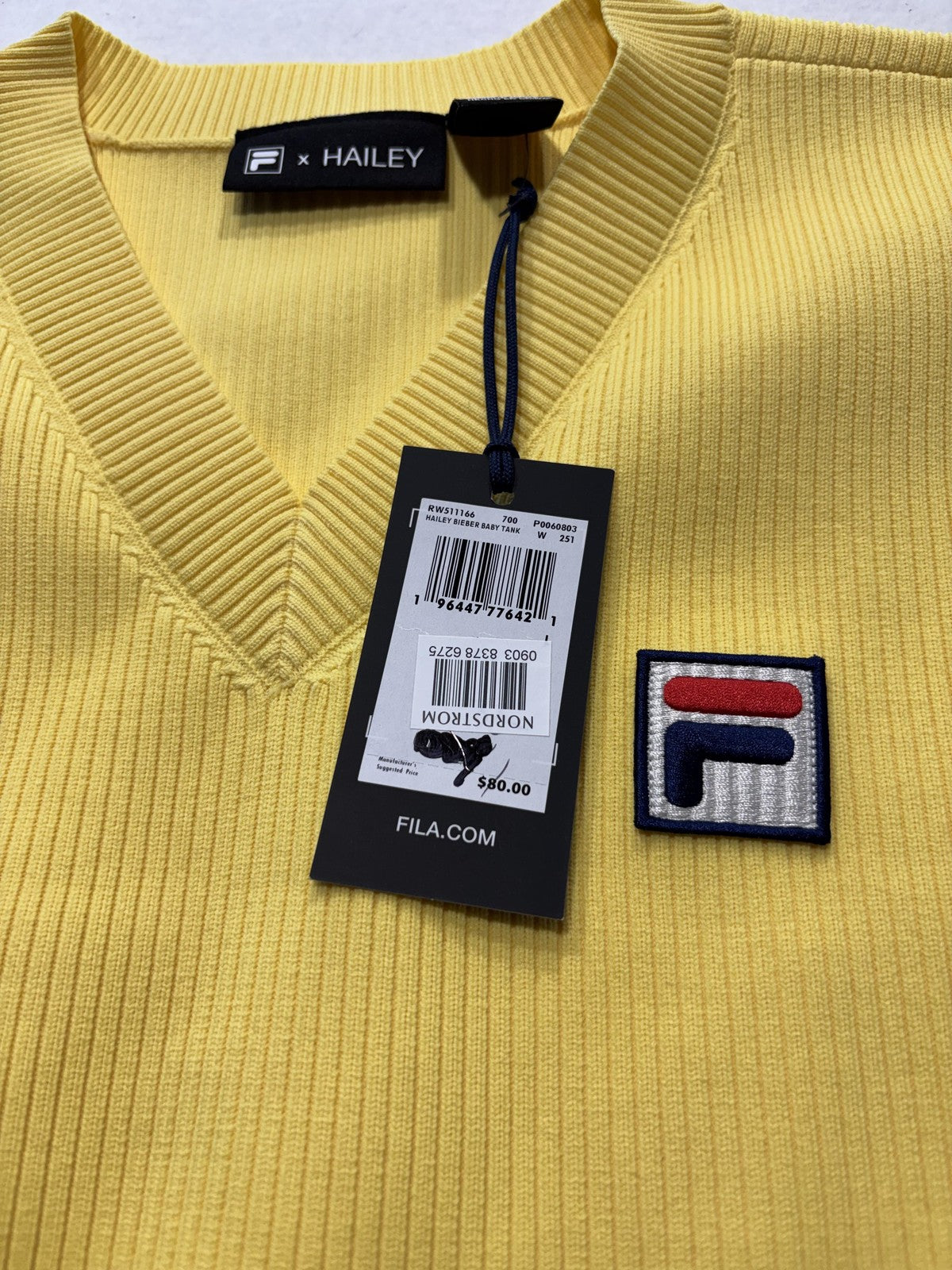 FILA Sweater Vest Womens Large Yellow V Neck Rib Knit Logo Hailey Crop Top