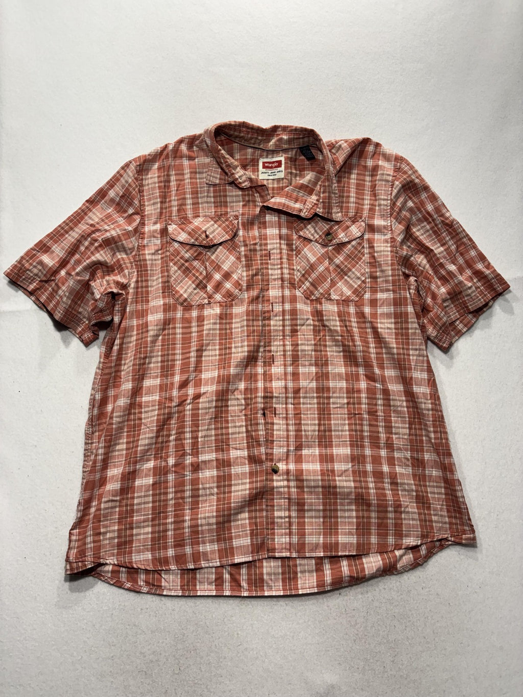 Wrangler Shirt Mens XL Orange Plaid Short Sleeve Button Up Casual Pockets