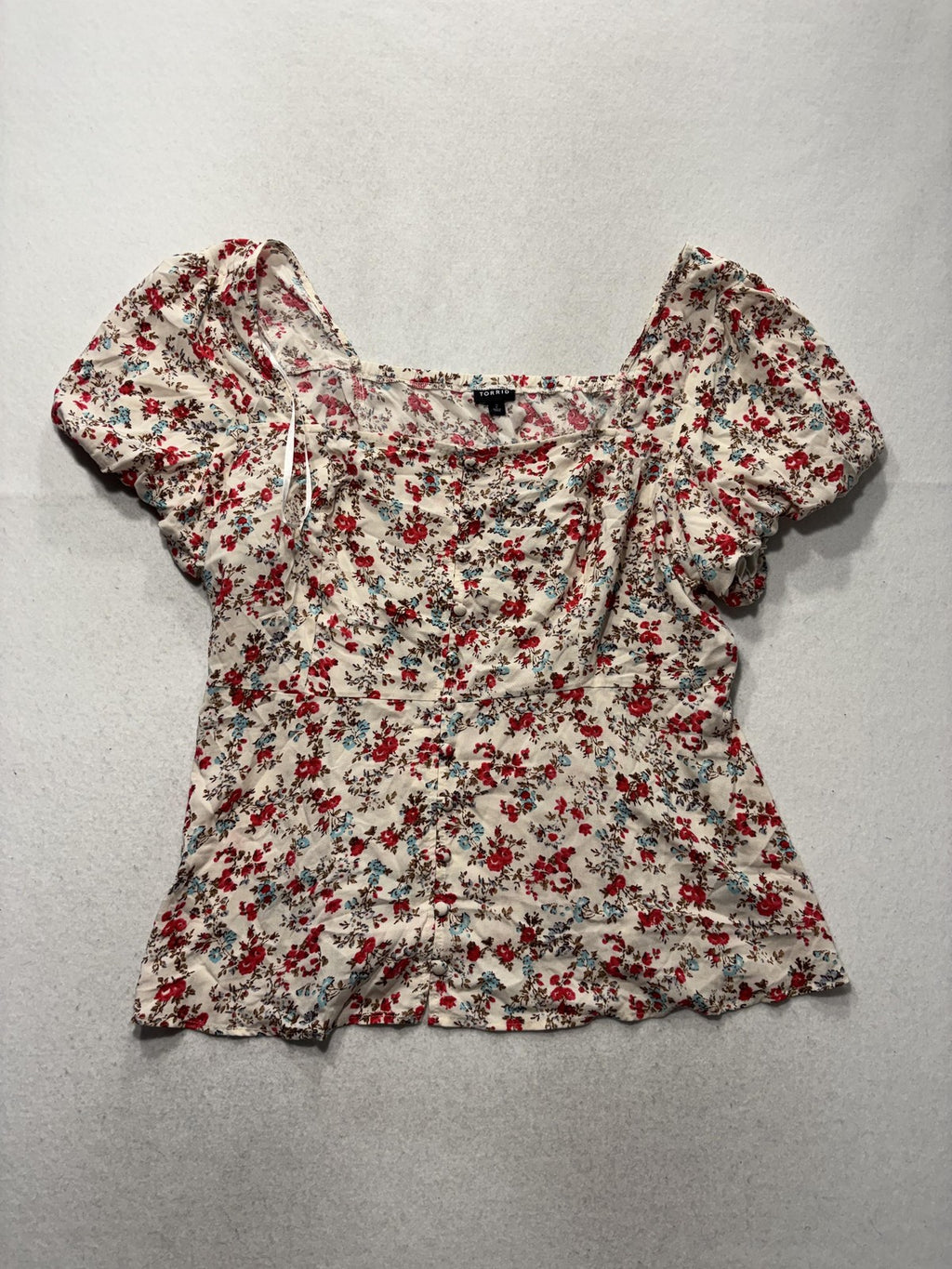 Torrid Blouse Womens 2 White Floral Square Neck Puff Sleeve Button Top Boho