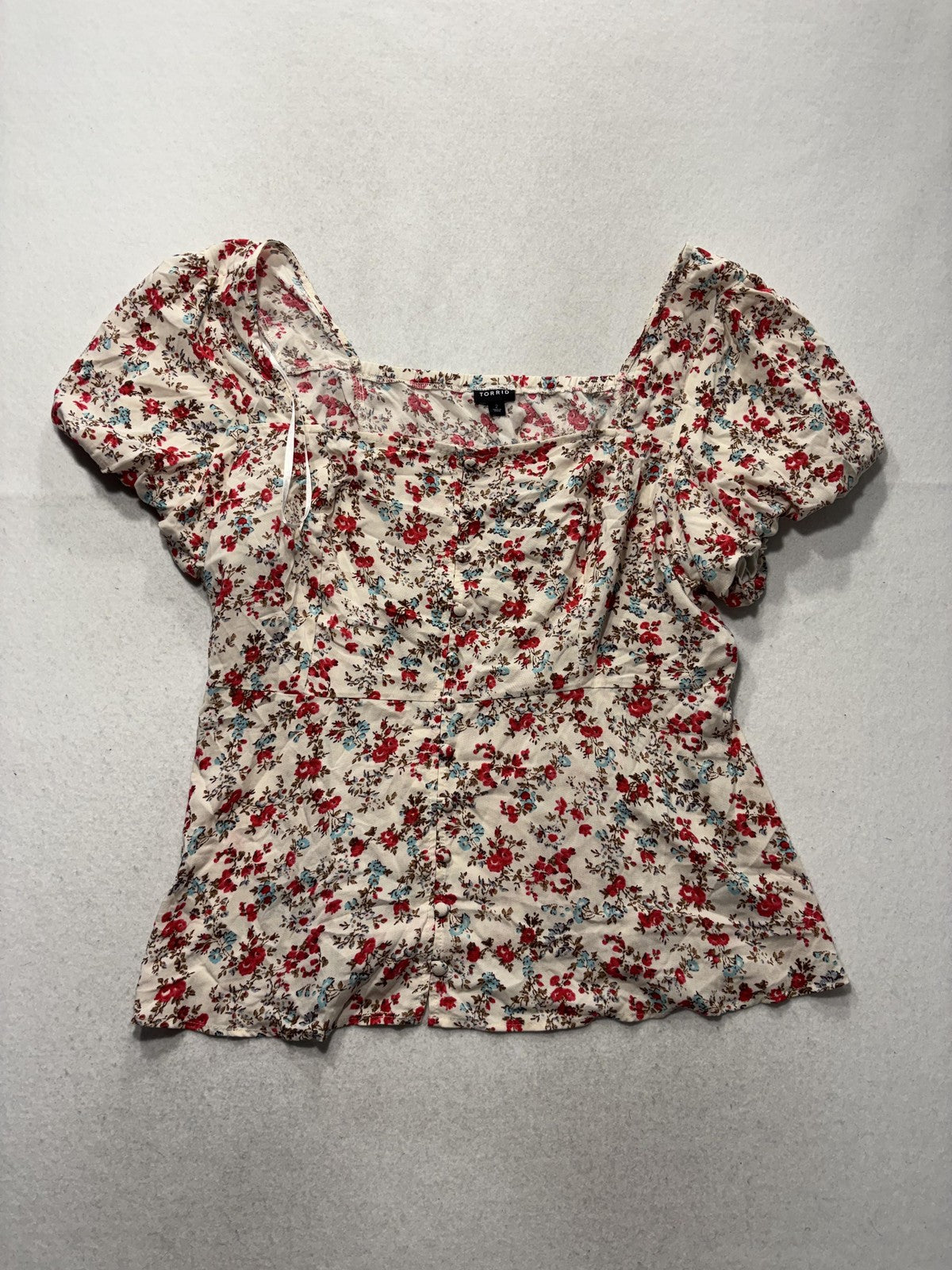 Torrid Blouse Womens 2 White Floral Square Neck Puff Sleeve Button Top Boho