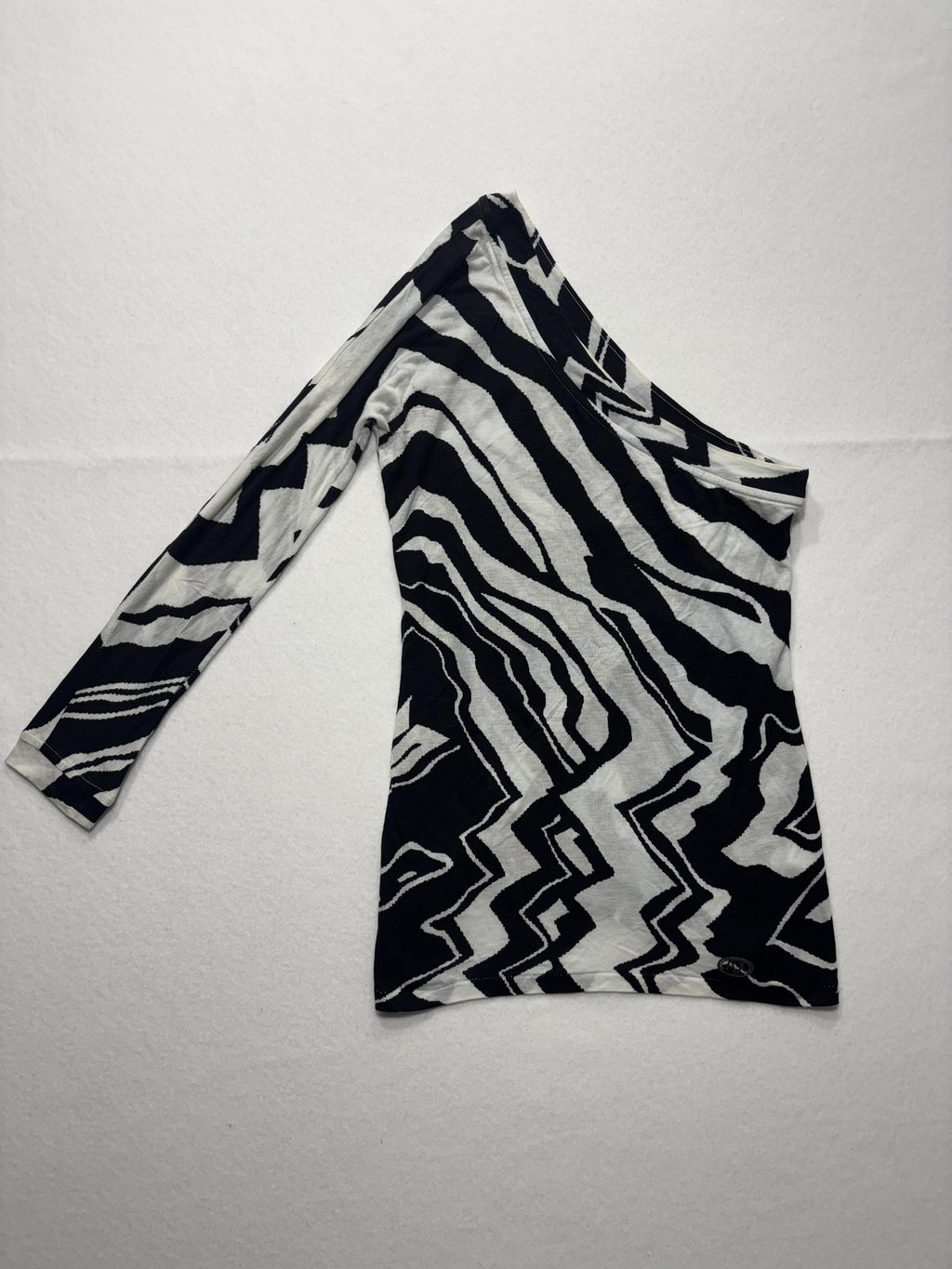 Armani Exchange Shirt Womens XS Black One Shoulder Long Sleeve Zebra Print Top