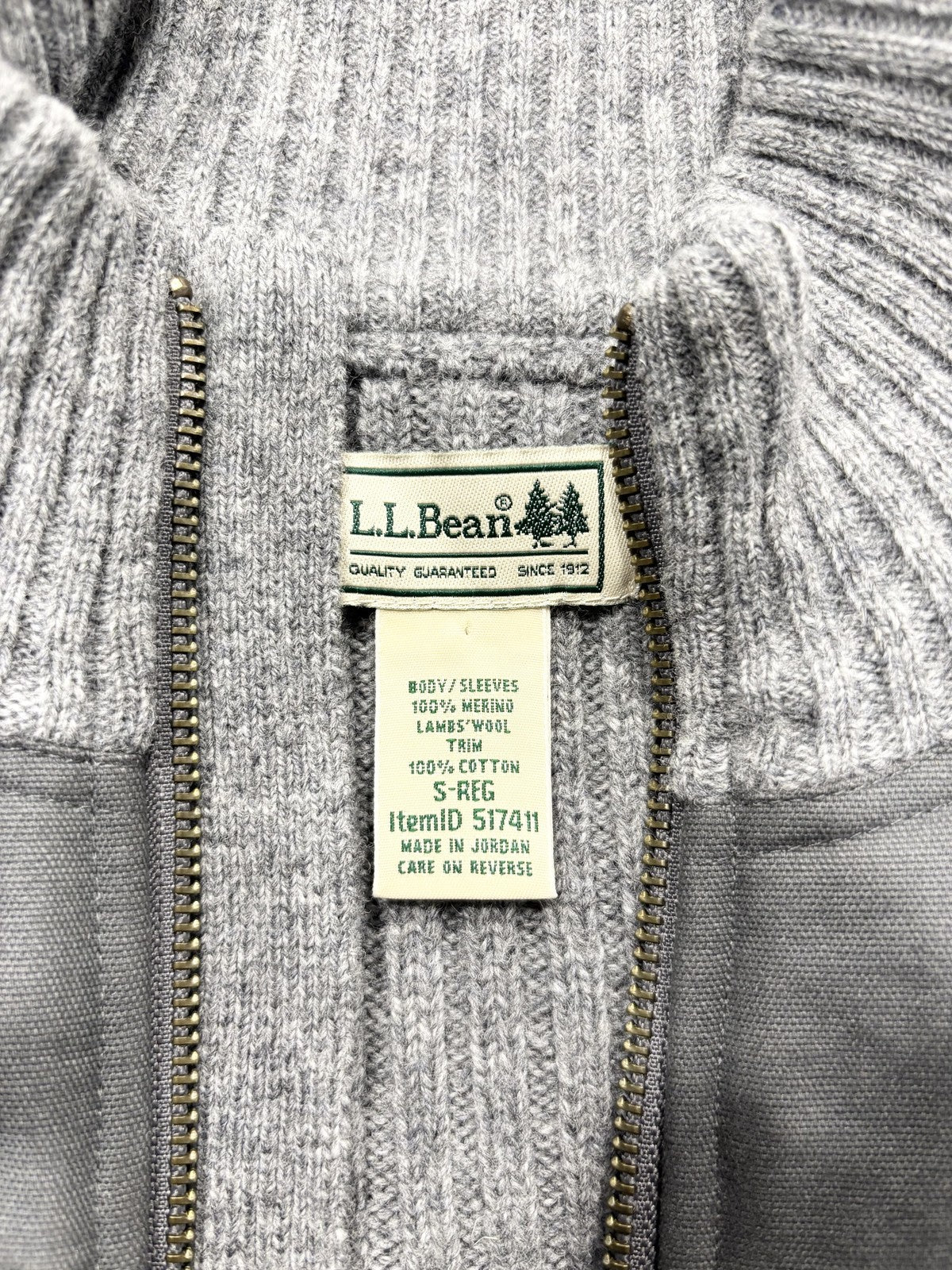 L.L. Bean Sweater Mens Small Gray Ribbed Wool Full Zip Commando Mock Neck Knit
