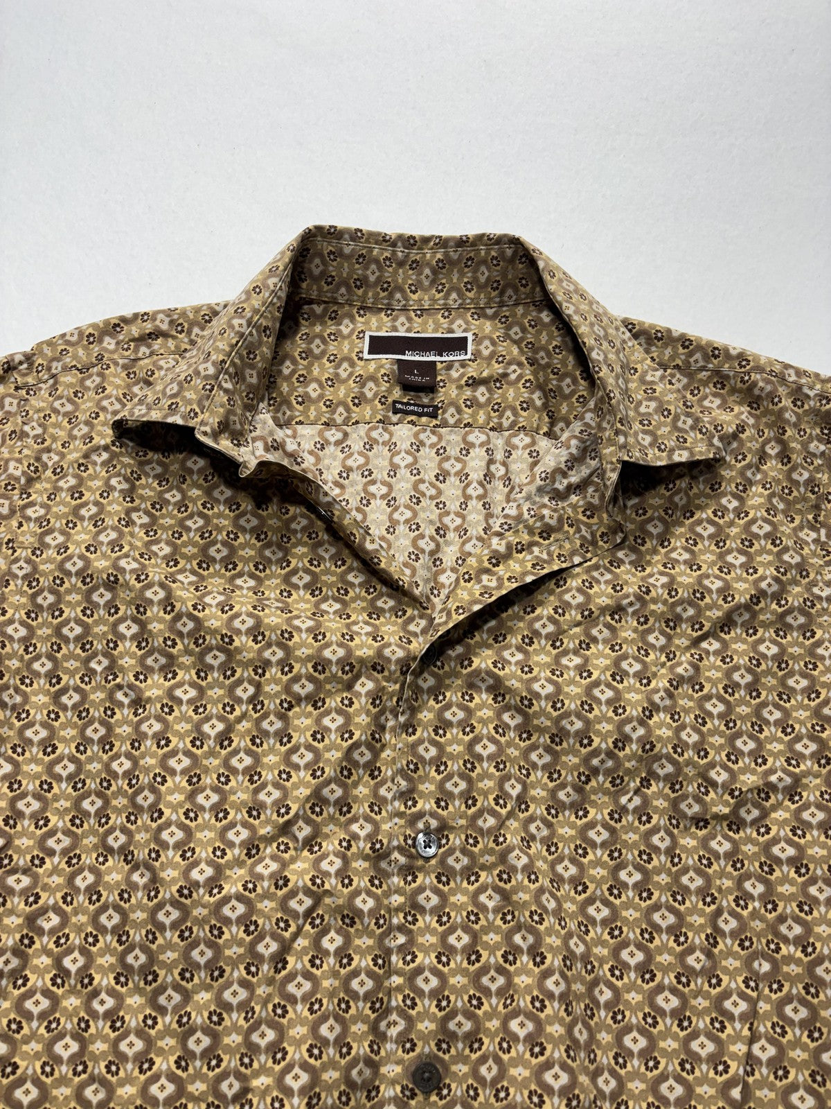 Michael Kors Dress Shirt Mens Large Brown Floral Long Sleeve Tailored Fit
