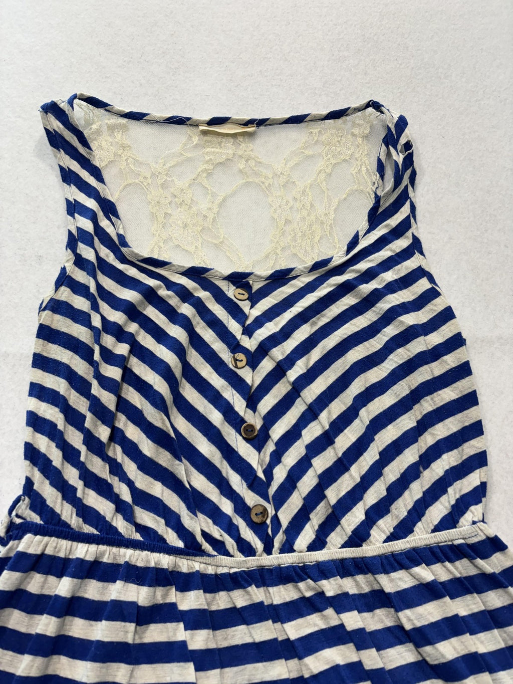 Pearl Blue Stripe Scoop Neck Lace Back Button Fit Flare Sundress Womens Small
