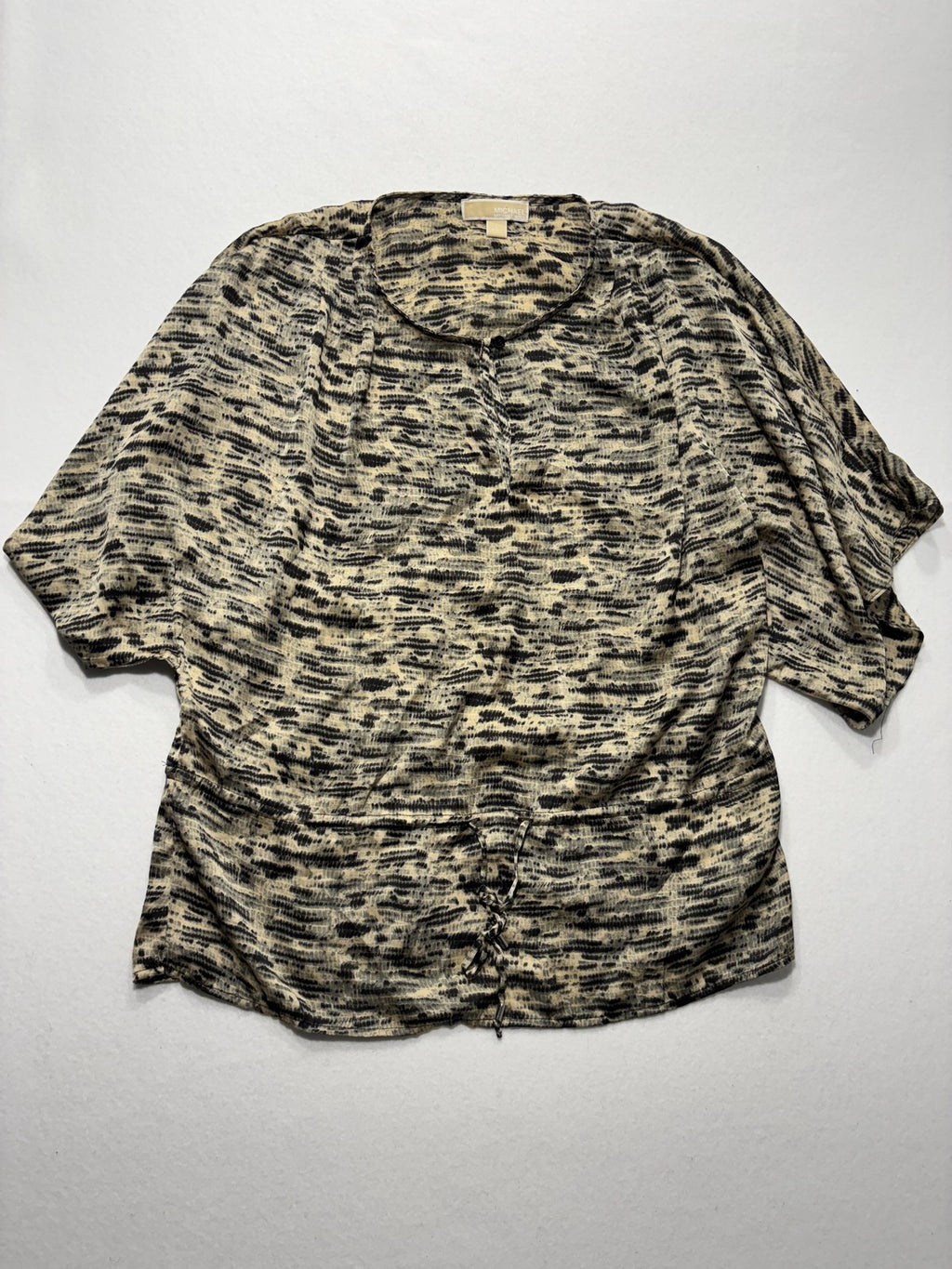 MICHAEL Michael Kors Top Womens L Beige Animal Print Tunic Henley Sheer Blouse