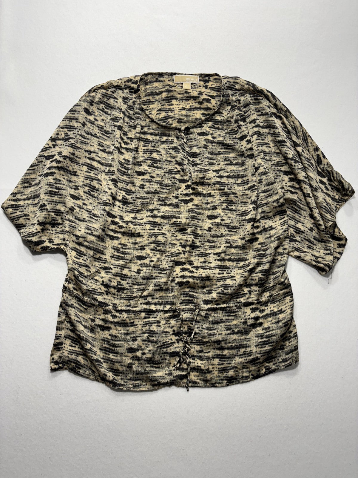 MICHAEL Michael Kors Top Womens L Beige Animal Print Tunic Henley Sheer Blouse