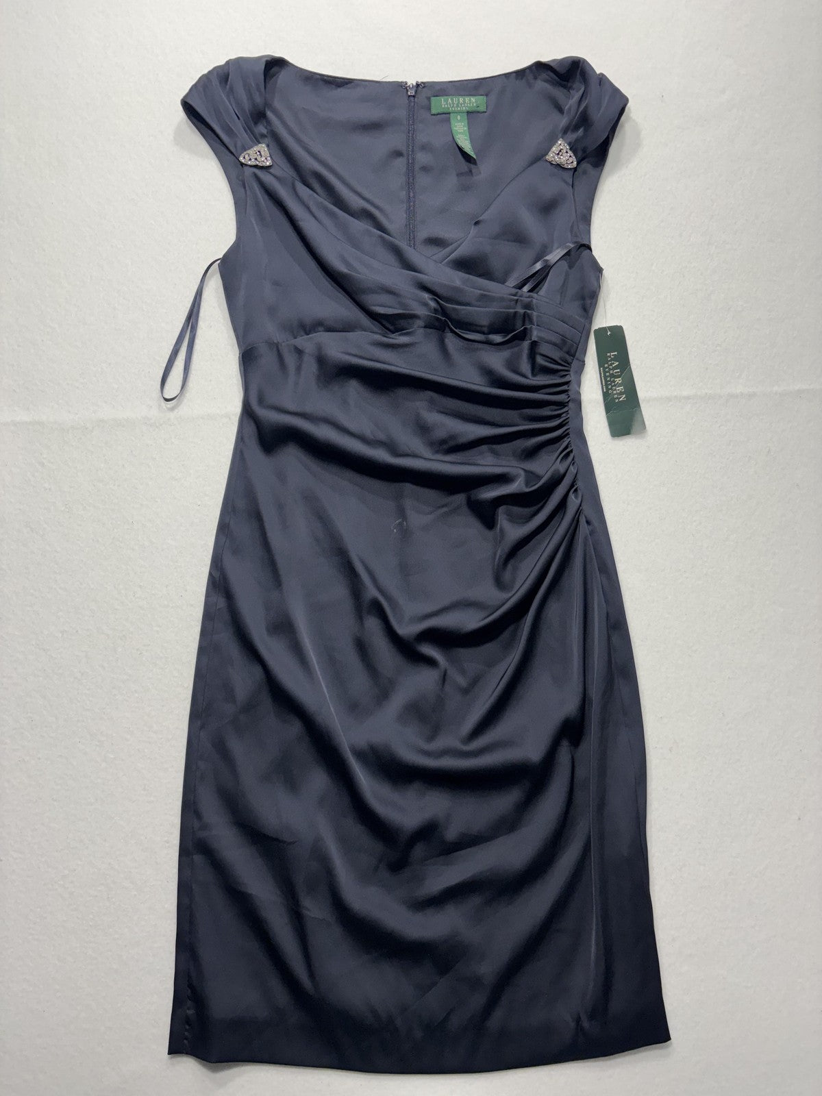 Lauren Ralph Lauren Evening Dress Womens 8 Blue Ruched Satin Sheath Knee Length