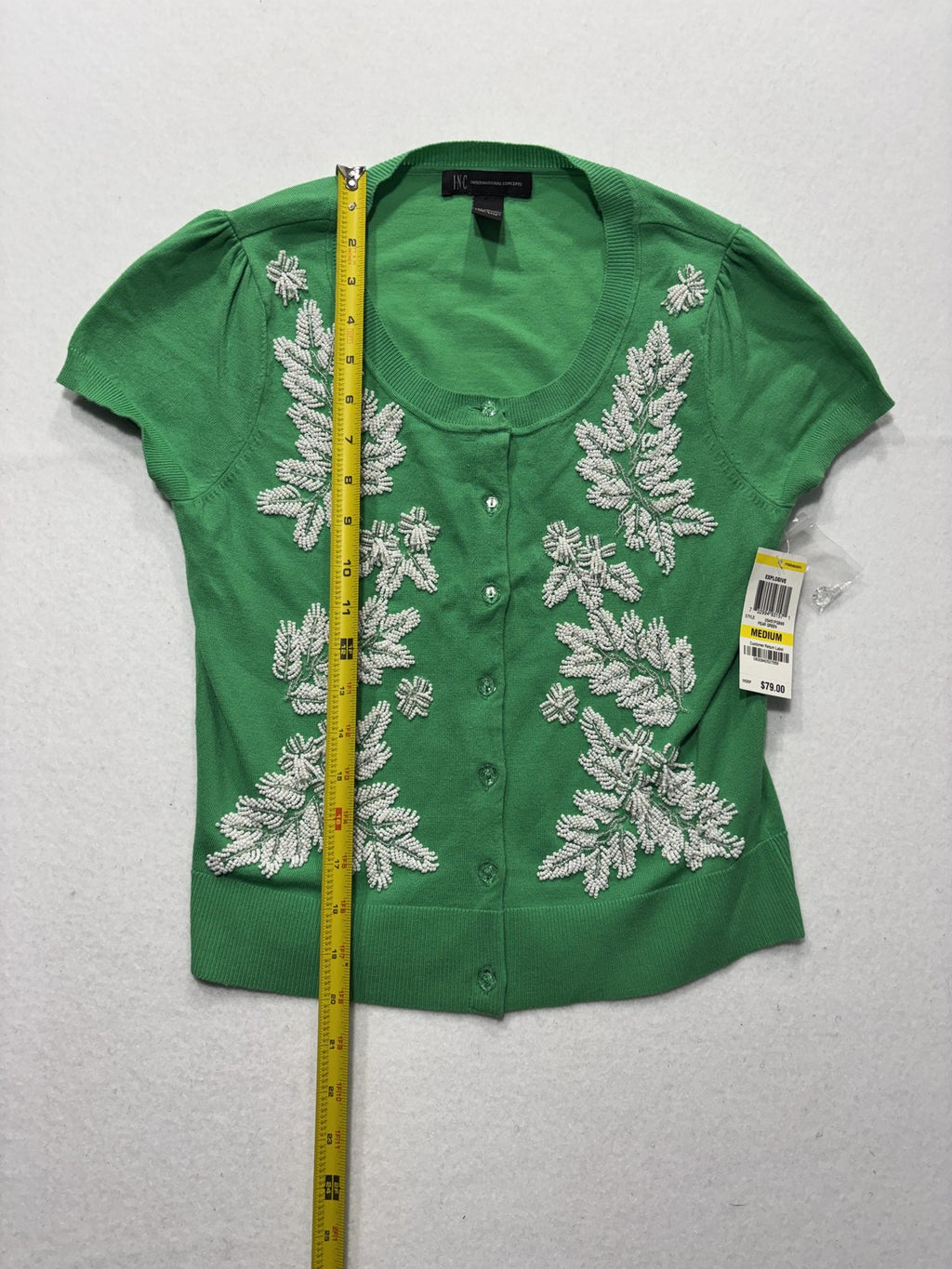 INC International Concepts Cardigan Womens Medium Green Beaded Short Sleeve