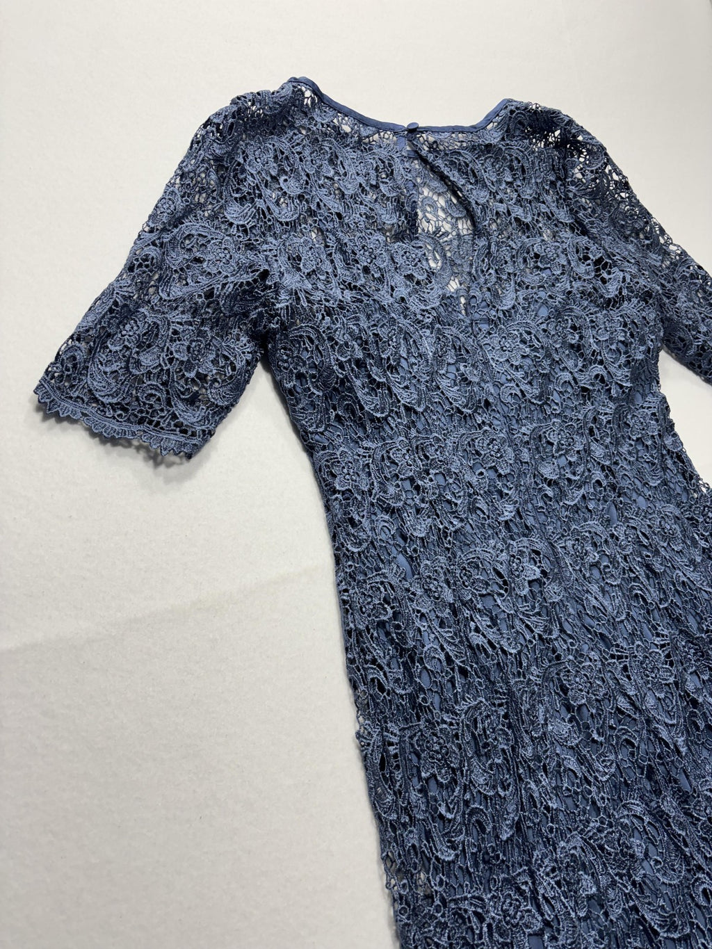 Dressbarn Dress Womens 14 Blue Floral Lace Short Sleeve Sheath Party Cocktail
