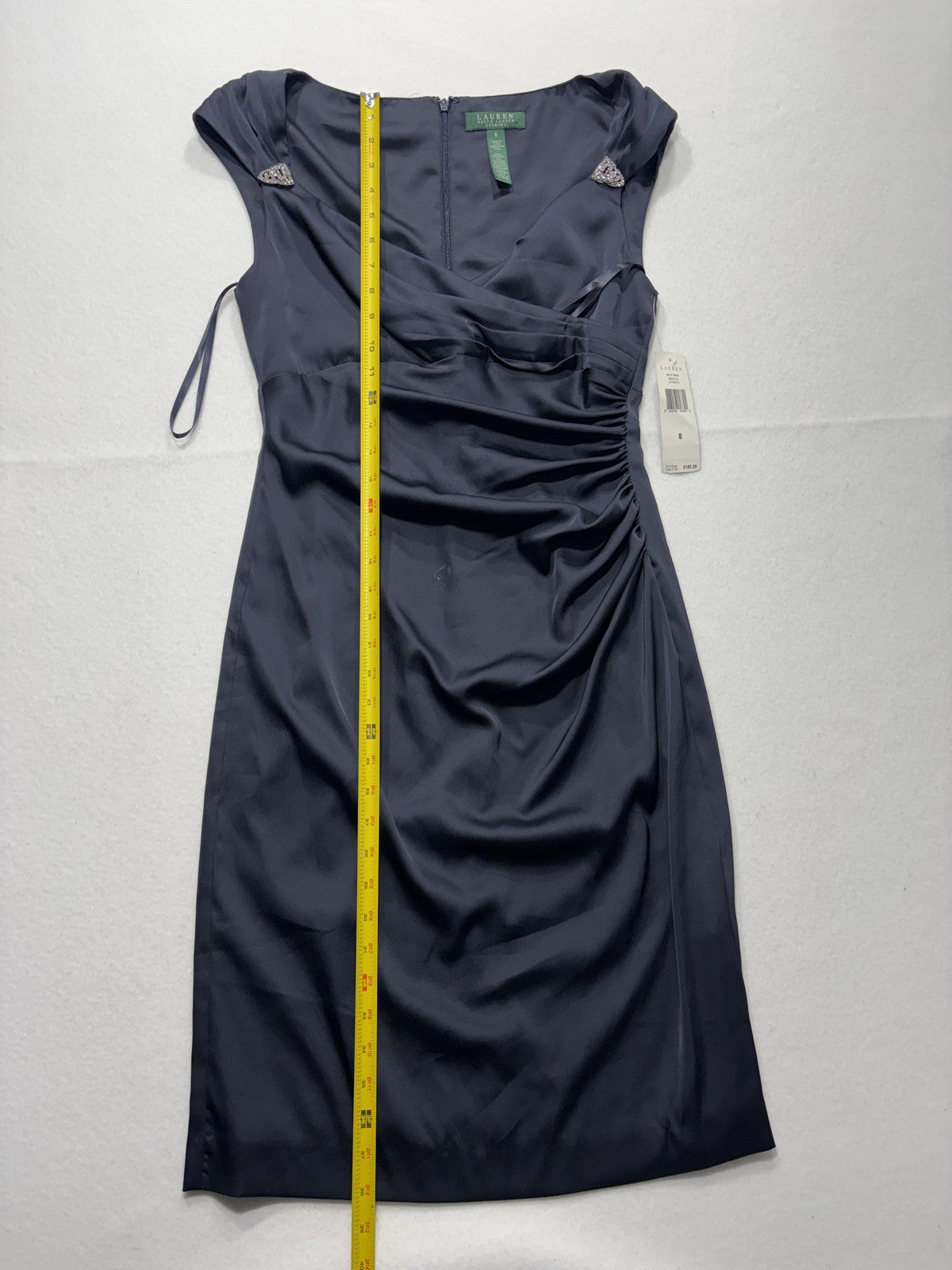 Lauren Ralph Lauren Evening Dress Womens 8 Blue Ruched Satin Sheath Knee Length
