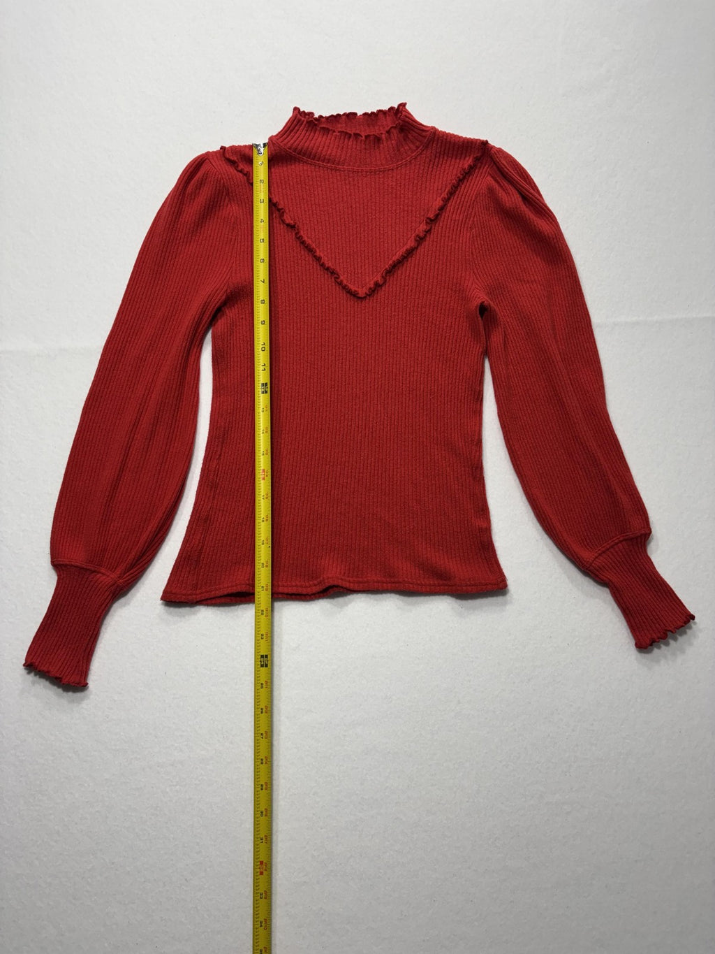 Free People Sweater Womens SP Red Mock Neck Balloon Sleeve Ruffle Knit Slim