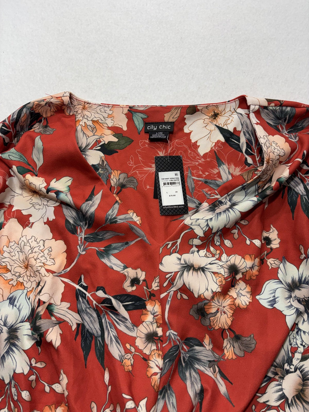City Chic Blouse Womens 20 Red Floral V Neck Short Sleeve Peplum Top Tie Waist