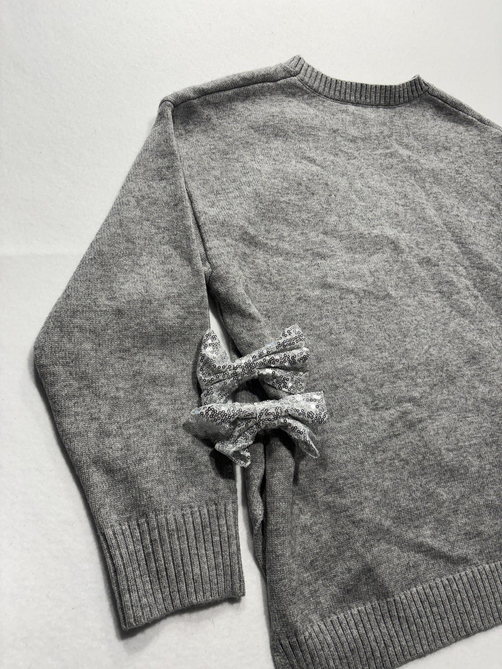 Able Sweater Womens Small Gray Crew Neck Sequin Bow Side Slit Knit Pullover