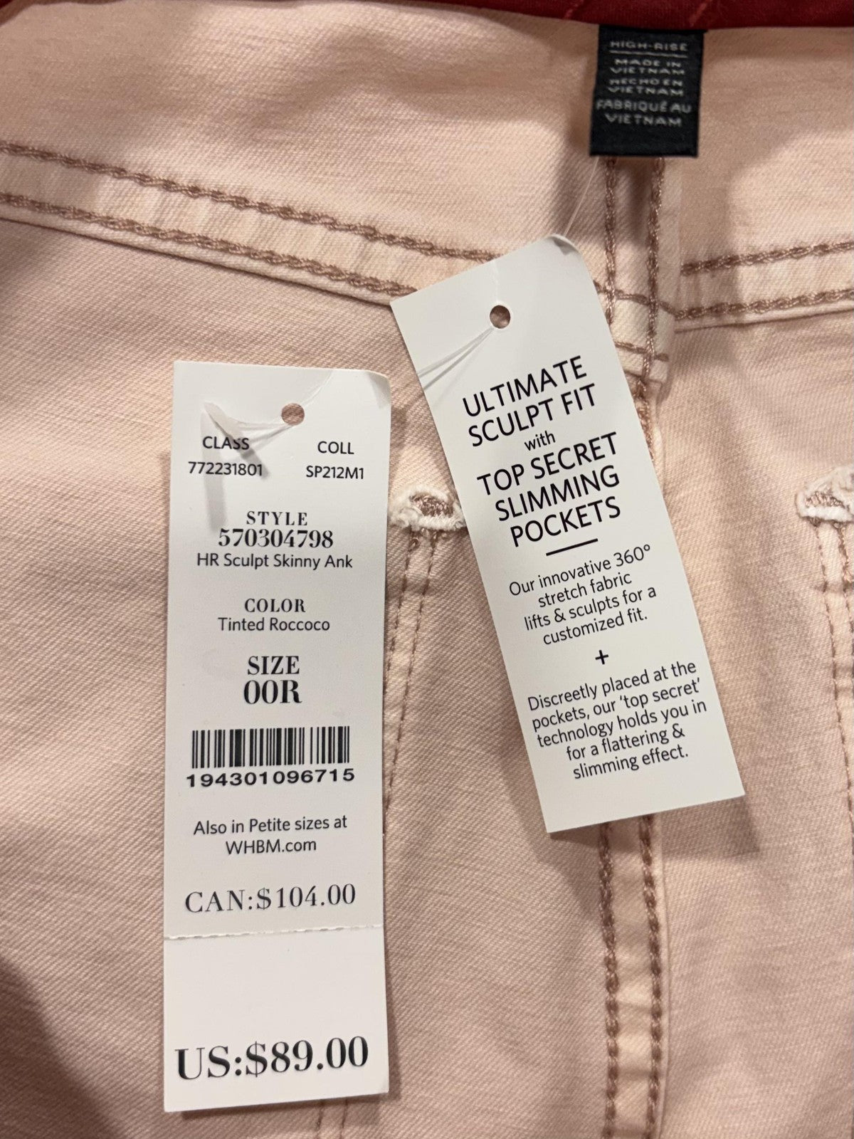 White House Black Market HR Sculpt Skinny Jeans Womens 00 Pink High Rise Stretch