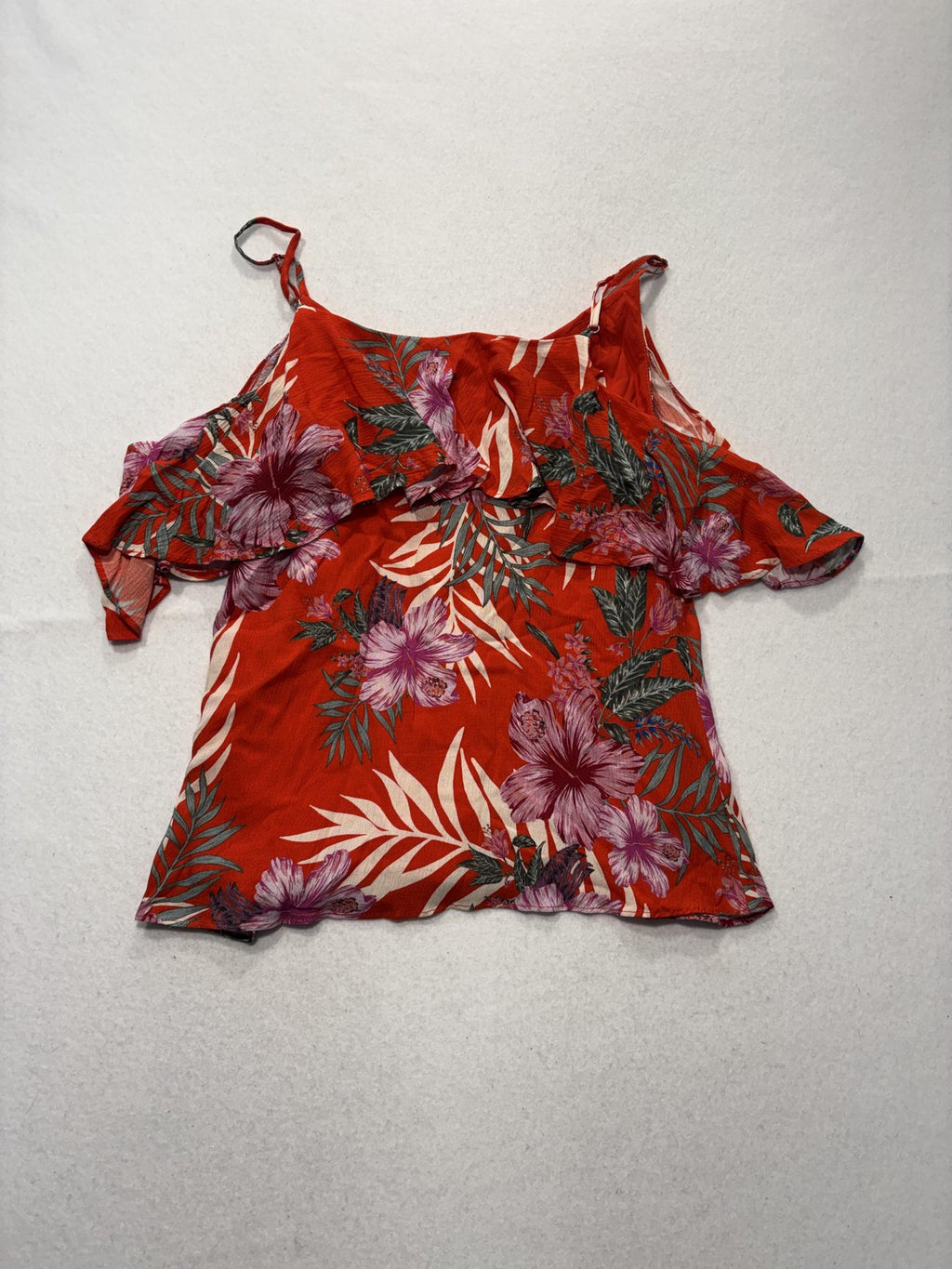 Miss Me Blouse Womens XS Red Floral Tropical Cold Shoulder Ruffle Strap Top
