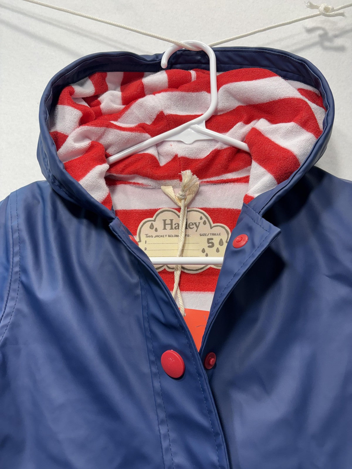 Hatley Rain Coat Girls 5 Blue Hooded Waterproof Lined Jacket Striped Buttons