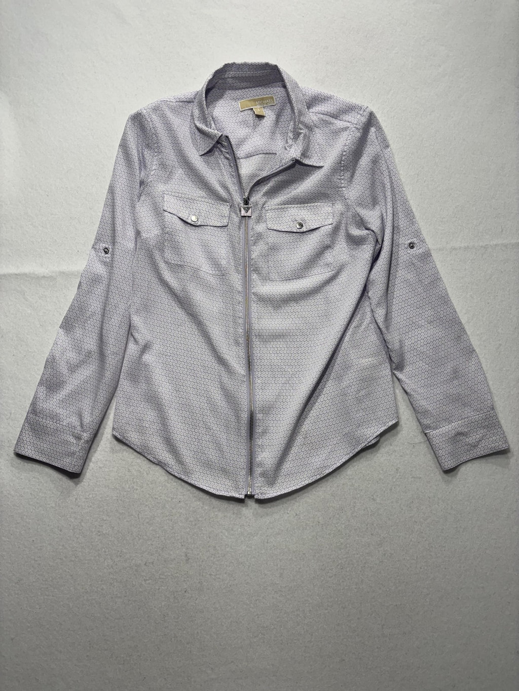 MICHAEL Michael Kors Blouse Womens Medium Purple Collared Zip Geometric Print