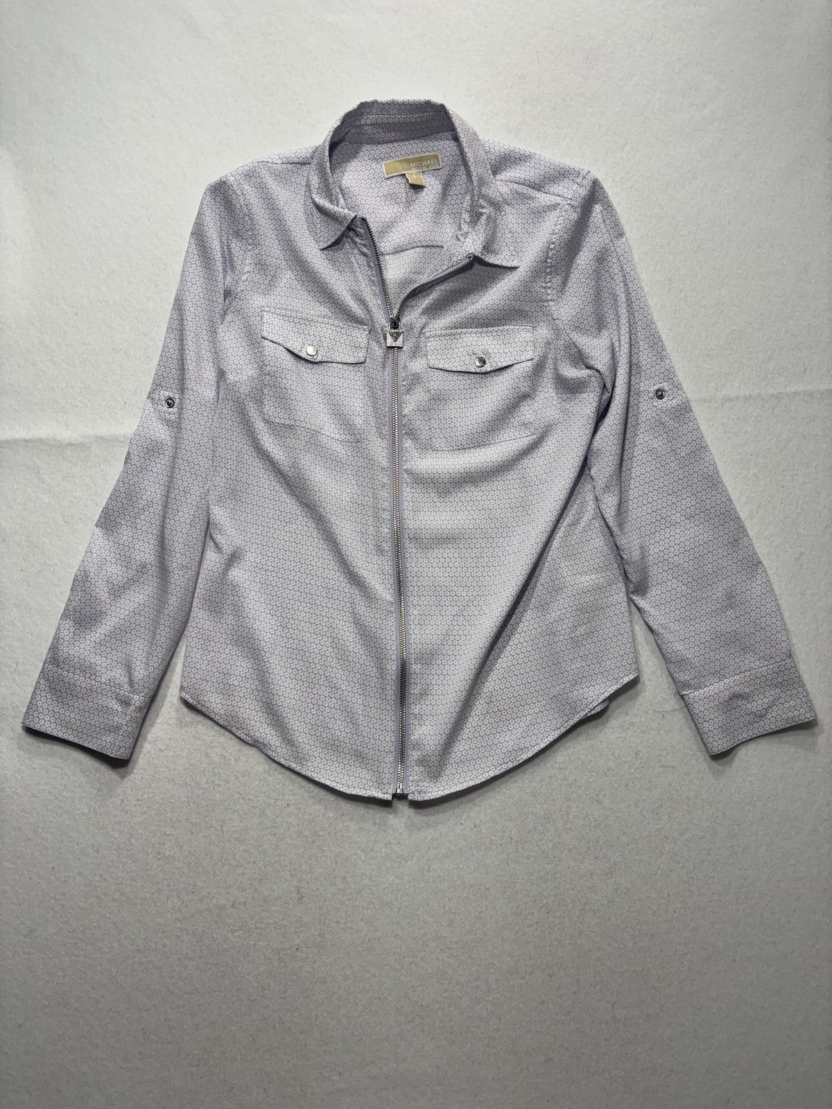 MICHAEL Michael Kors Blouse Womens Medium Purple Collared Zip Geometric Print