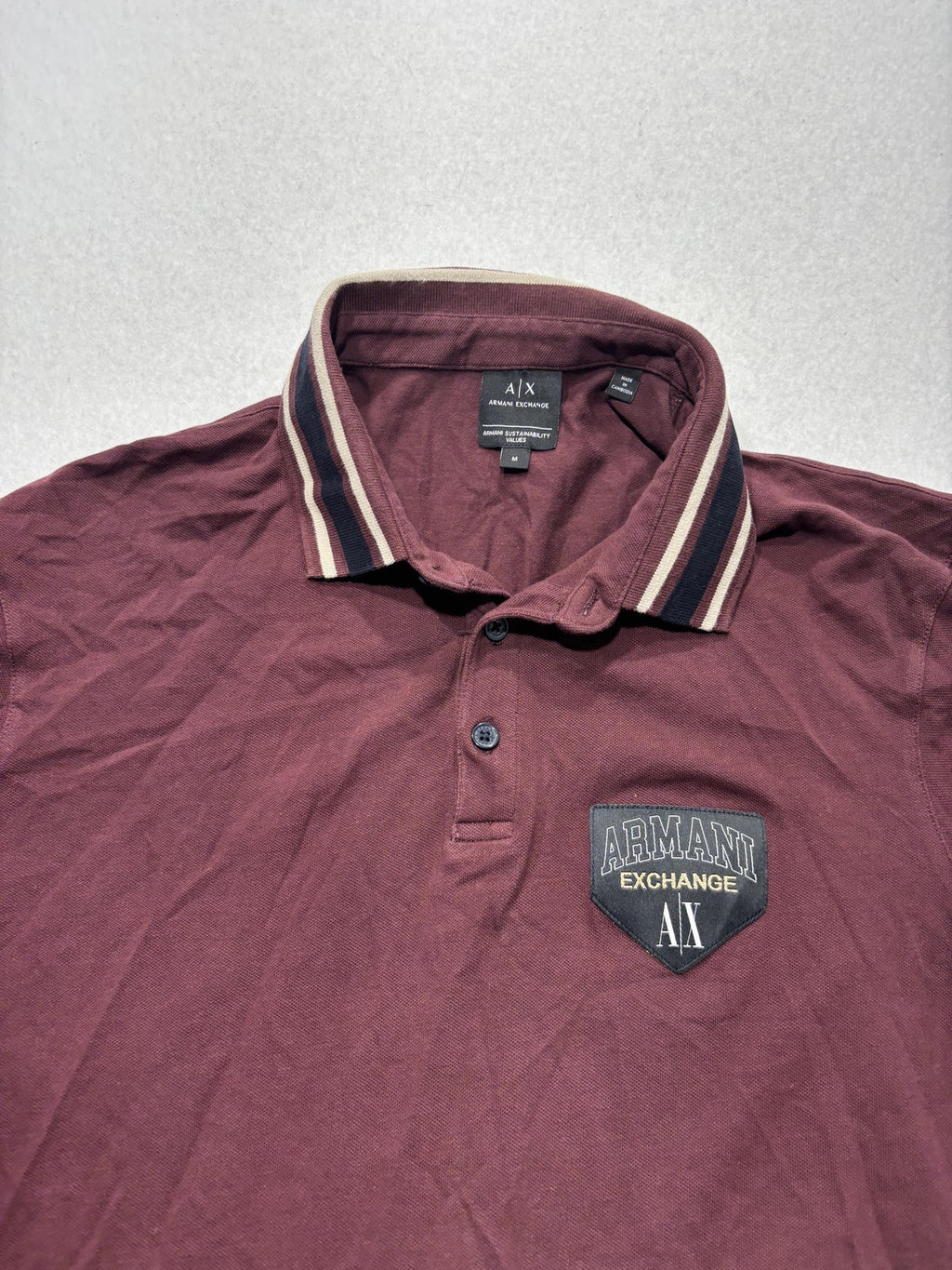Armani Exchange Polo Shirt Mens Medium Red Logo Patch Striped Collar Knit
