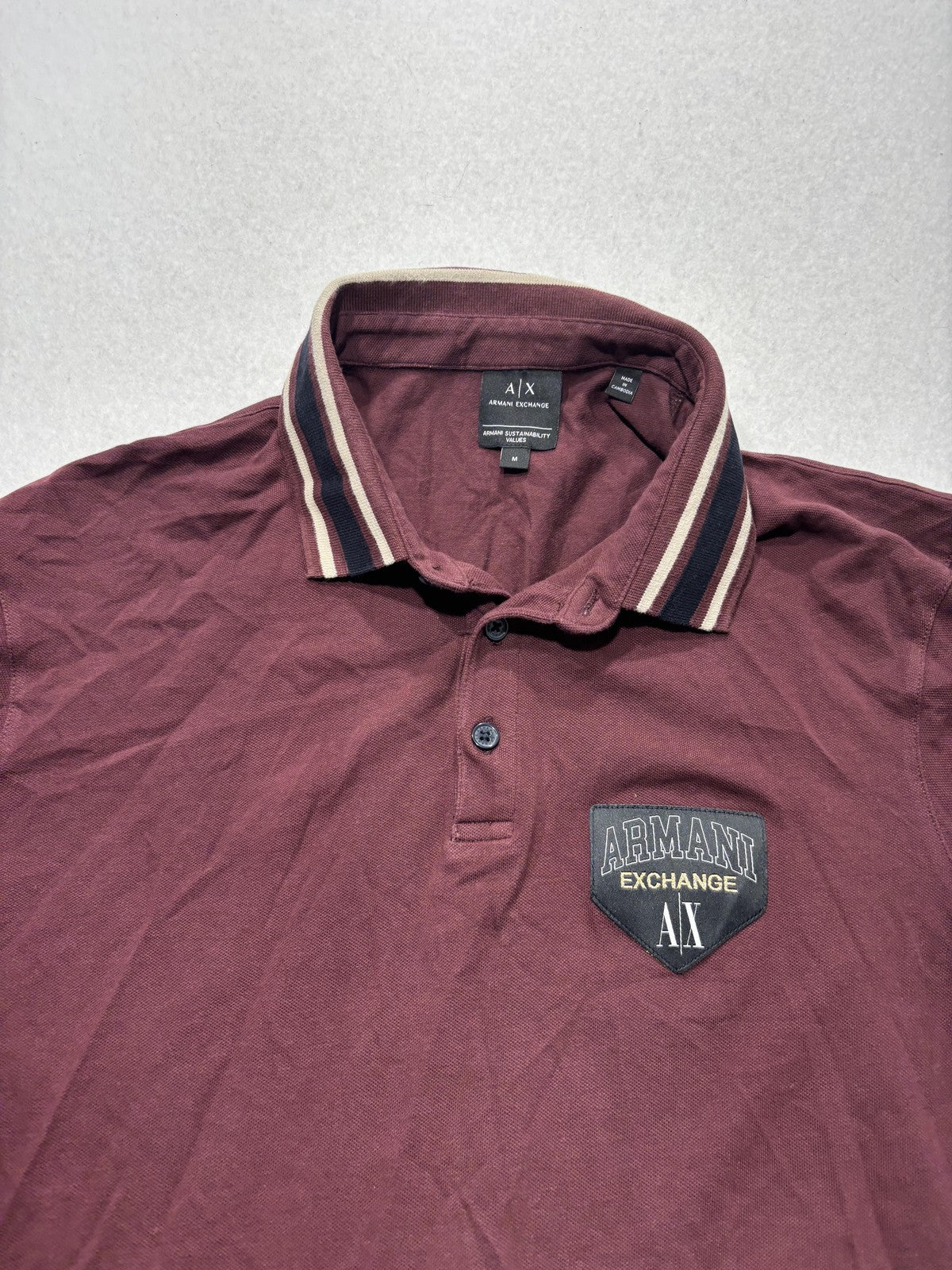 Armani Exchange Polo Shirt Mens Medium Red Logo Patch Striped Collar Knit