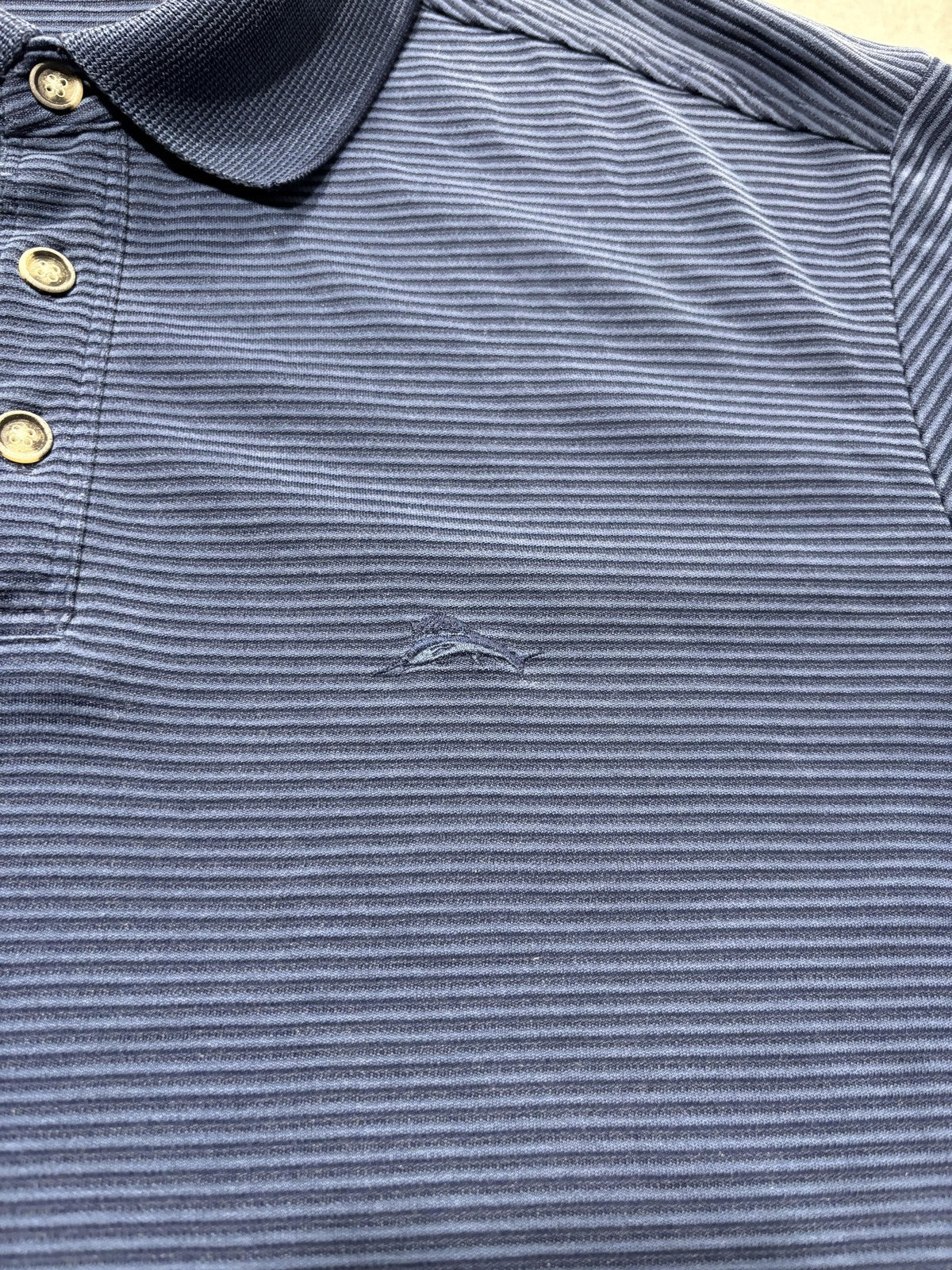 Tommy Bahama Polo Shirt Mens Medium Blue Striped Knit Short Sleeve Golf Casual