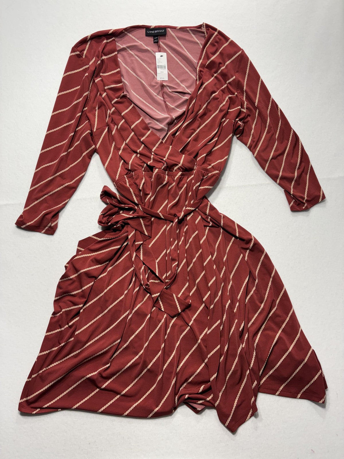Lane Bryant Dress Womens 22/24 Red Stripe V Neck Wrap Belted 3/4 Sleeve Jersey