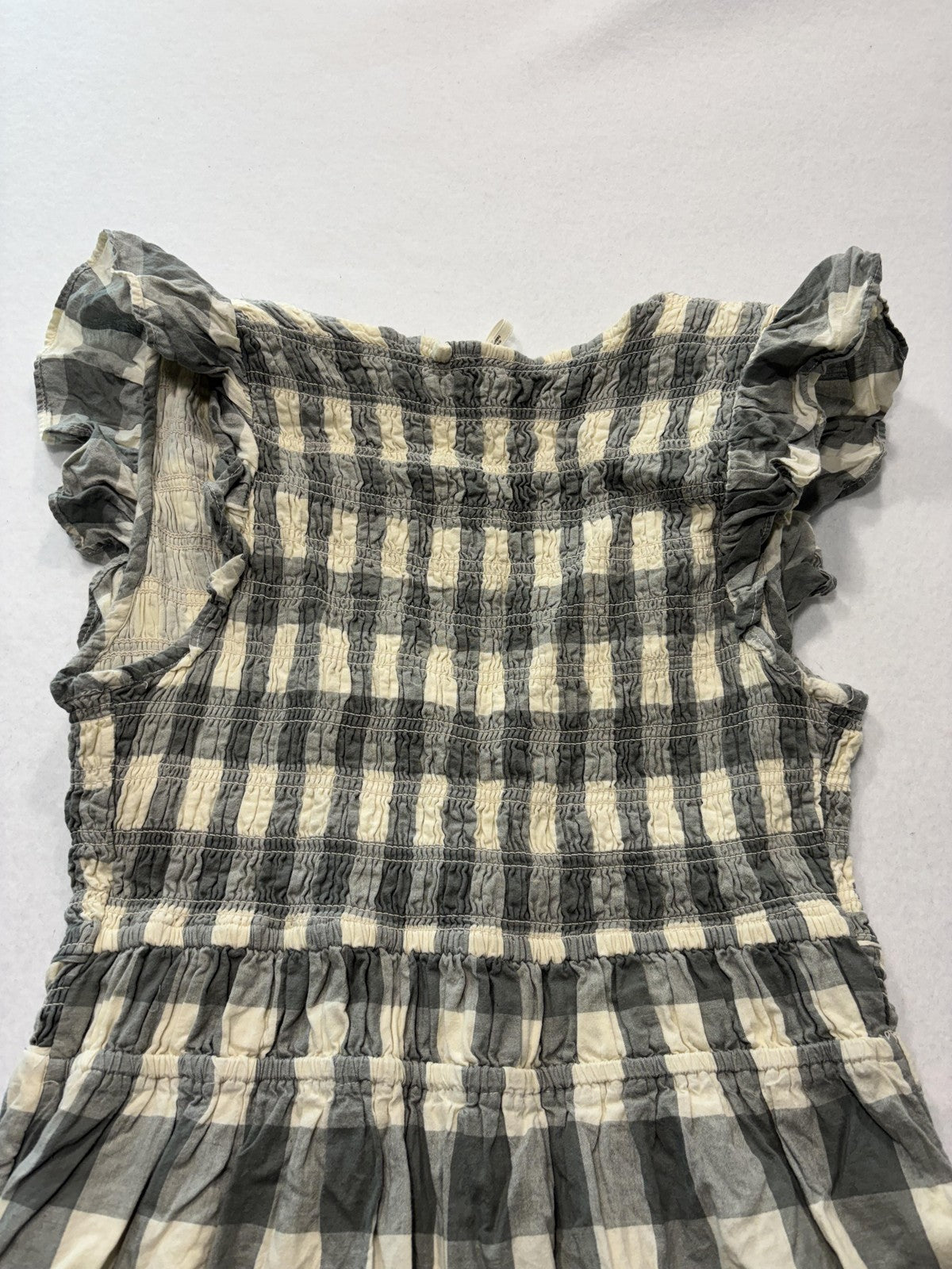 Anthropologie Dress Womens Small Gray Check V Neck Smocked Ruffle Sundress Boho
