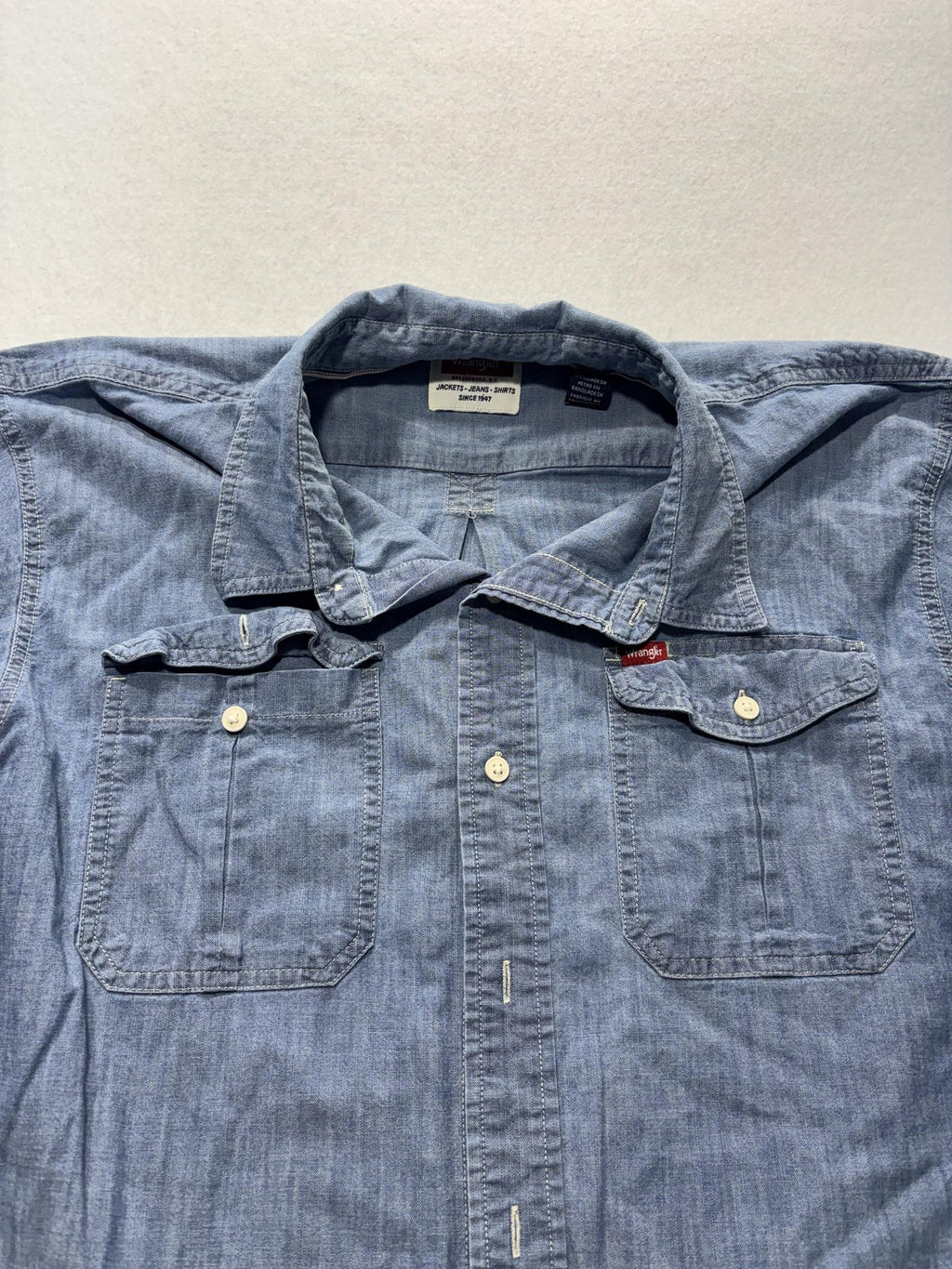 Wrangler Mens XL Blue Chambray Short Sleeve Button Up Western Shirt 112367983