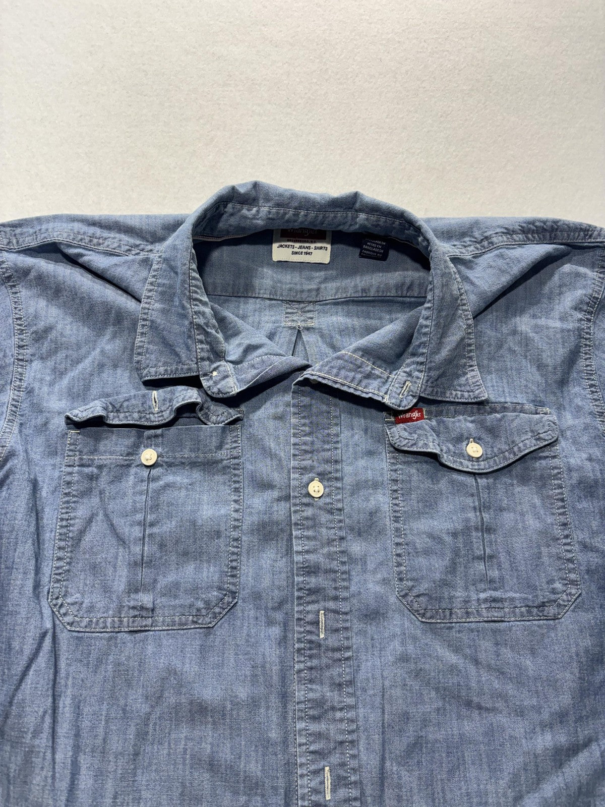 Wrangler Mens XL Blue Chambray Short Sleeve Button Up Western Shirt 112367983