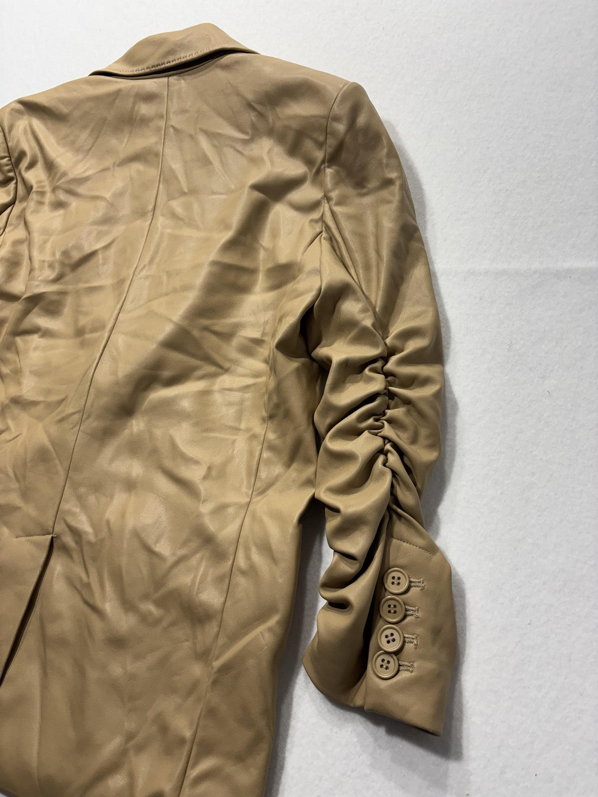 Generation Love Blazer Womens S Beige Faux Leather Ruched Sleeve Lined Jacket