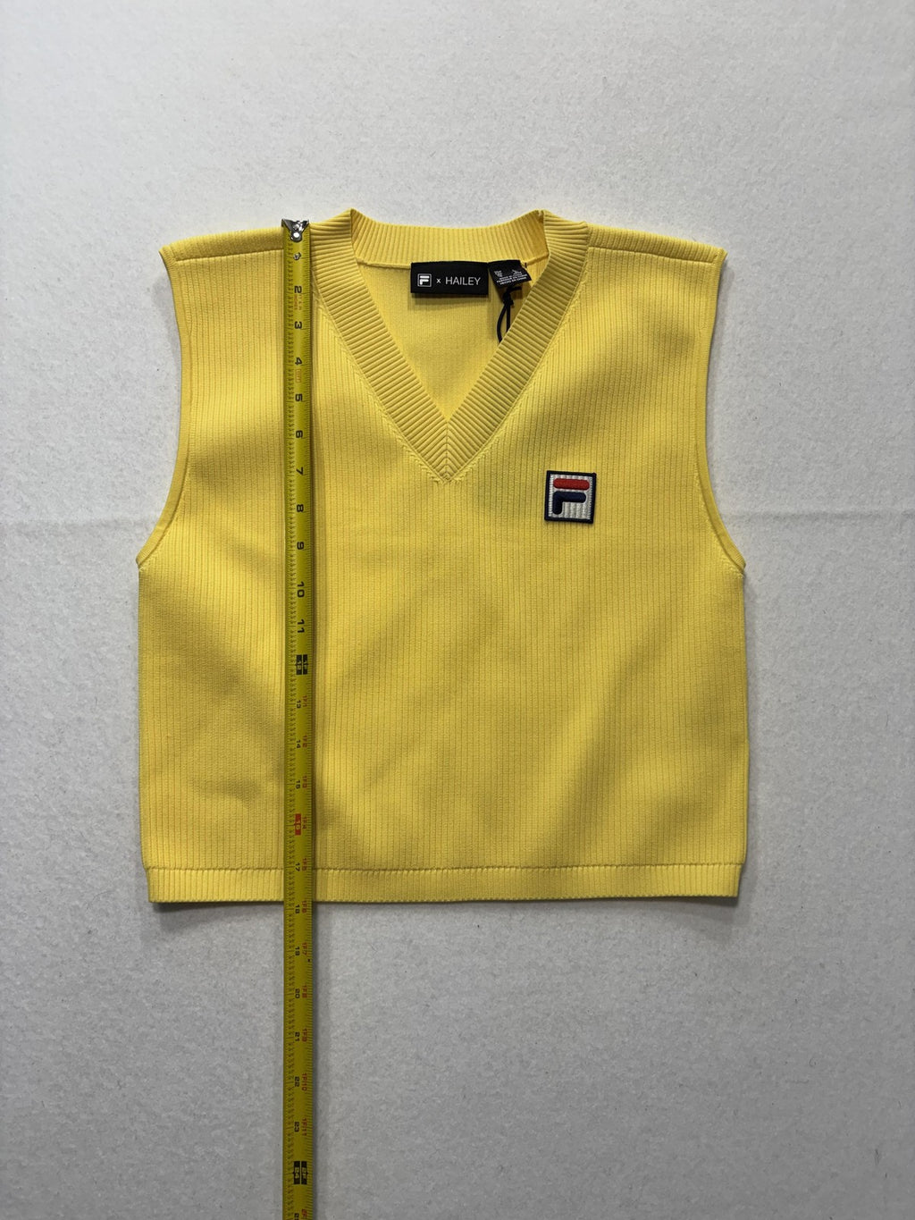 FILA Sweater Vest Womens Large Yellow V Neck Rib Knit Logo Hailey Crop Top