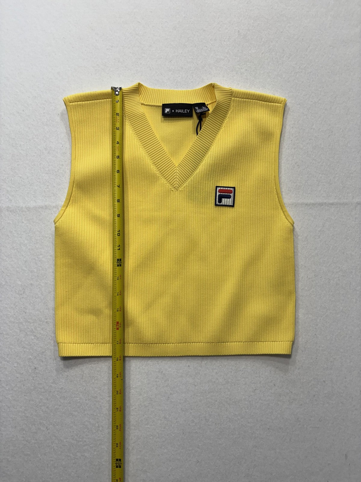 FILA Sweater Vest Womens Large Yellow V Neck Rib Knit Logo Hailey Crop Top