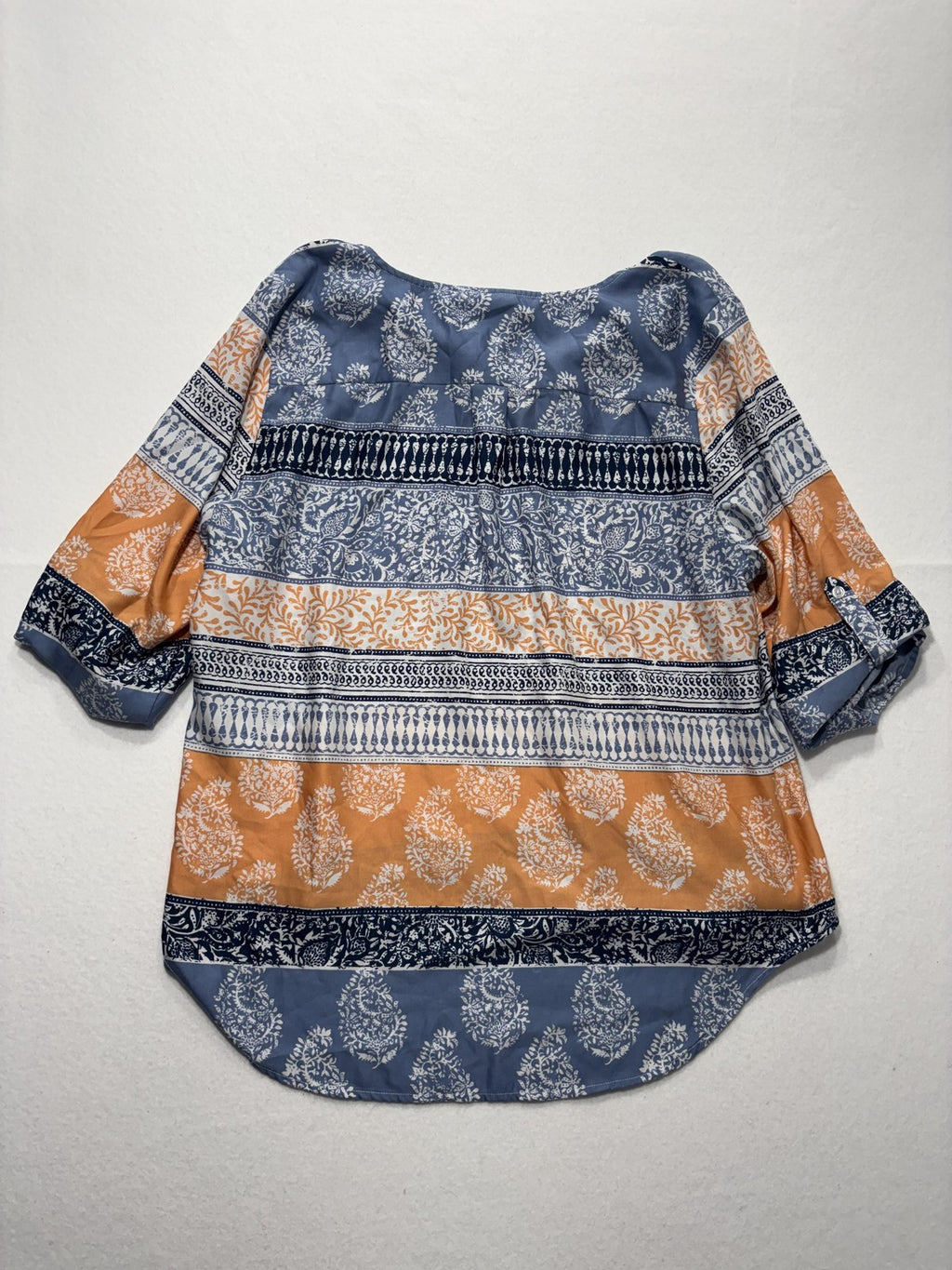 Chico's Blouse Womens 3 Blue Orange Paisley Print Henley 3/4 Roll Tab Tunic Top