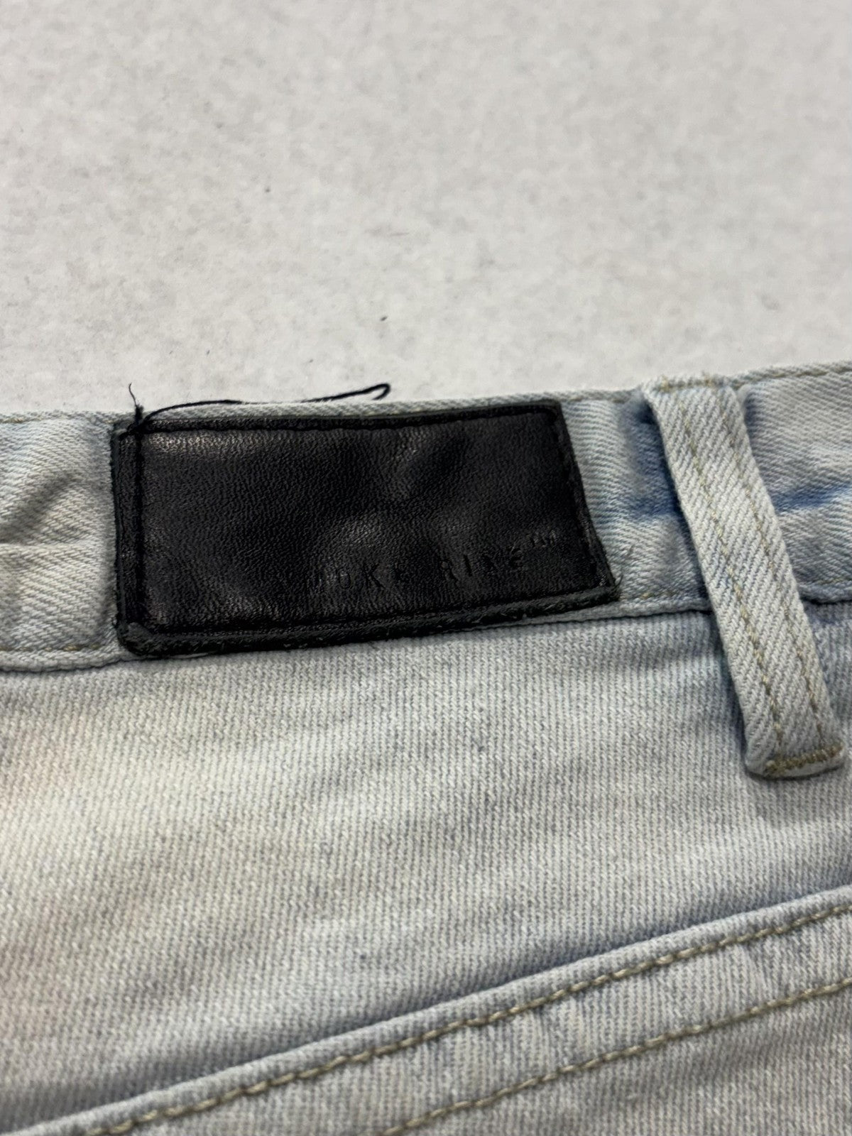 Smoke Rise Jeans Mens 38x34 Blue Light Wash Distressed Moto Biker Slim Tapered