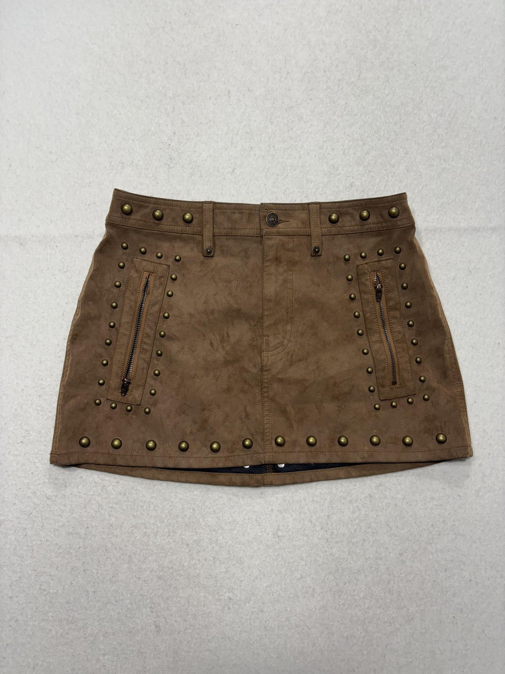 We The Free Skirt Womens 4 Brown Faux Leather Studded Mini Zip Pockets Biker