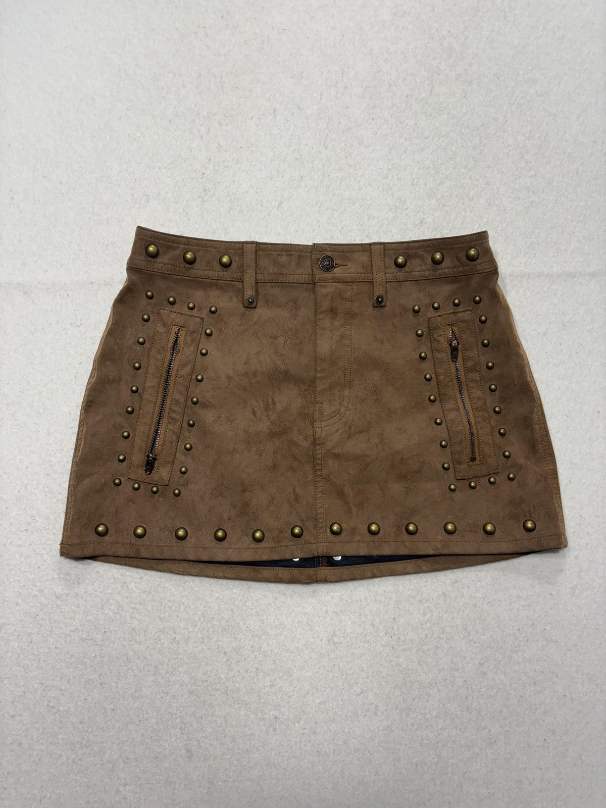 We The Free Skirt Womens 4 Brown Faux Leather Studded Mini Zip Pockets Biker