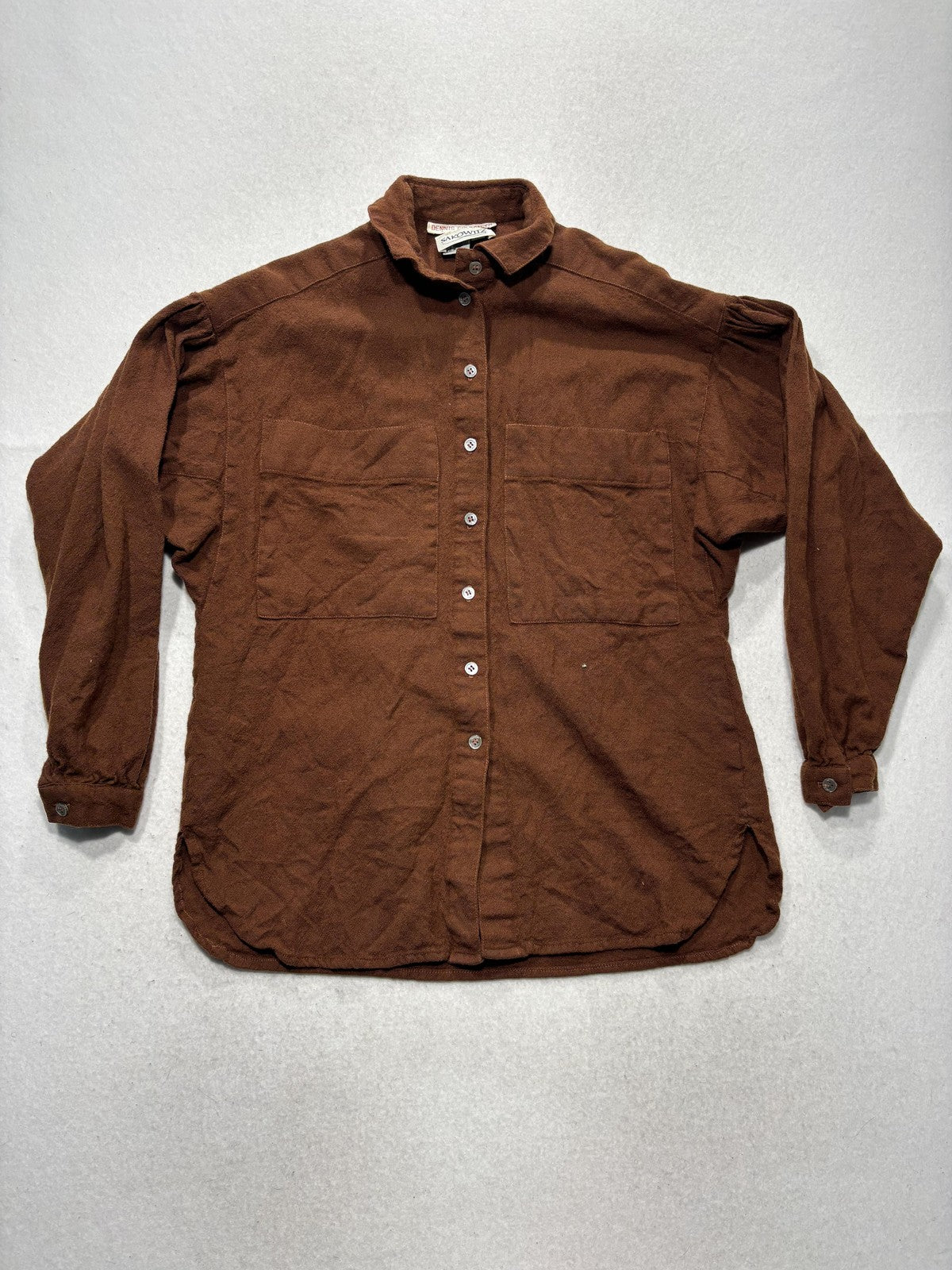 Sakowitz Vintage Brown Wool Button Front Collared Shirt Womens 8 Long Sleeve Top