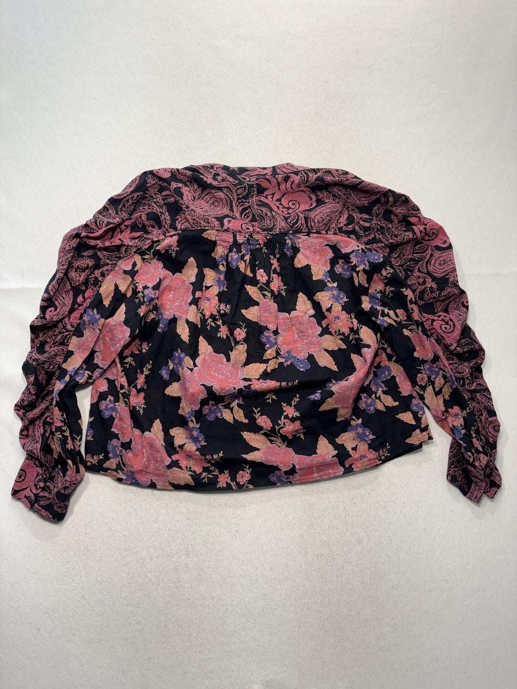 Free People Blouse Womens Medium Black Floral Round Neck Button Long Sleeve Top