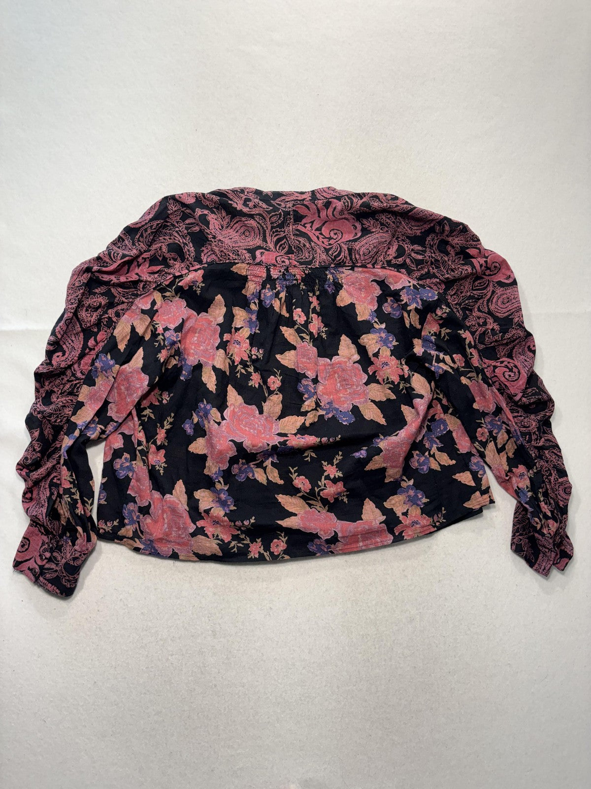 Free People Blouse Womens Medium Black Floral Round Neck Button Long Sleeve Top
