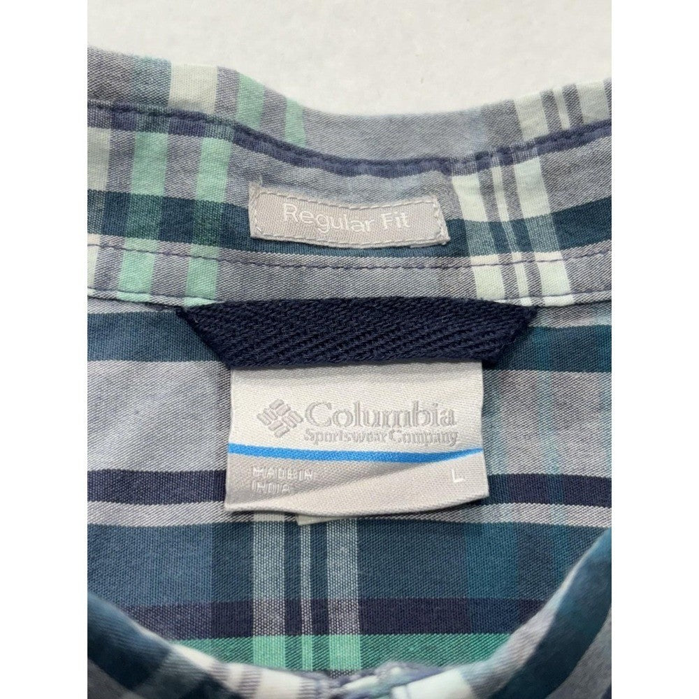 Columbia Shirt Mens Large Blue Green Plaid Short Sleeve Button Up Casual Stretch