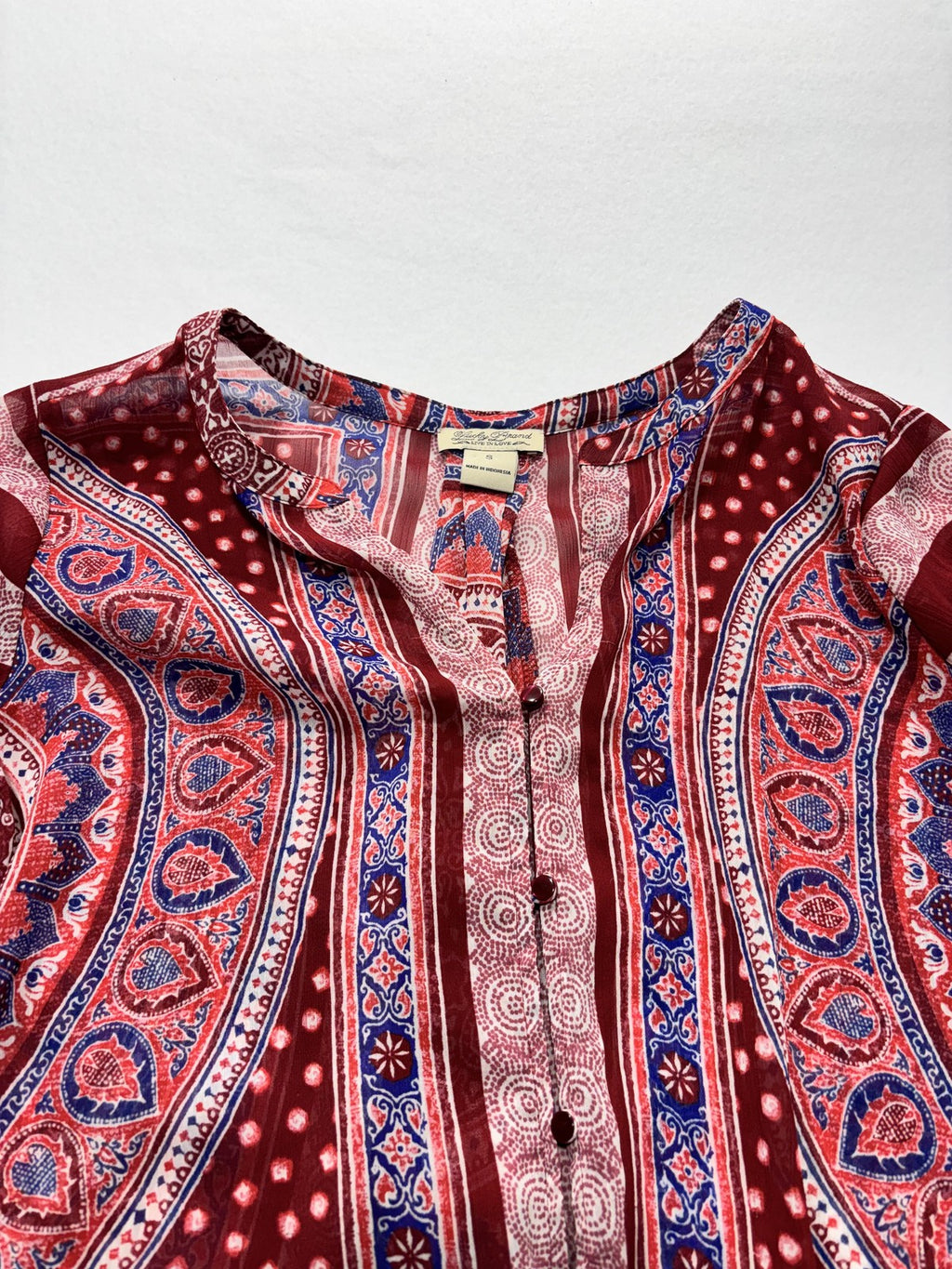 Lucky Brand Blouse Womens Small Red Paisley Long Sleeve Tunic Top Boho