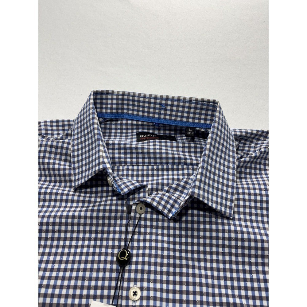Quieti Dress Shirt Mens Large Blue Gingham Non Iron Performance Long Sleeve