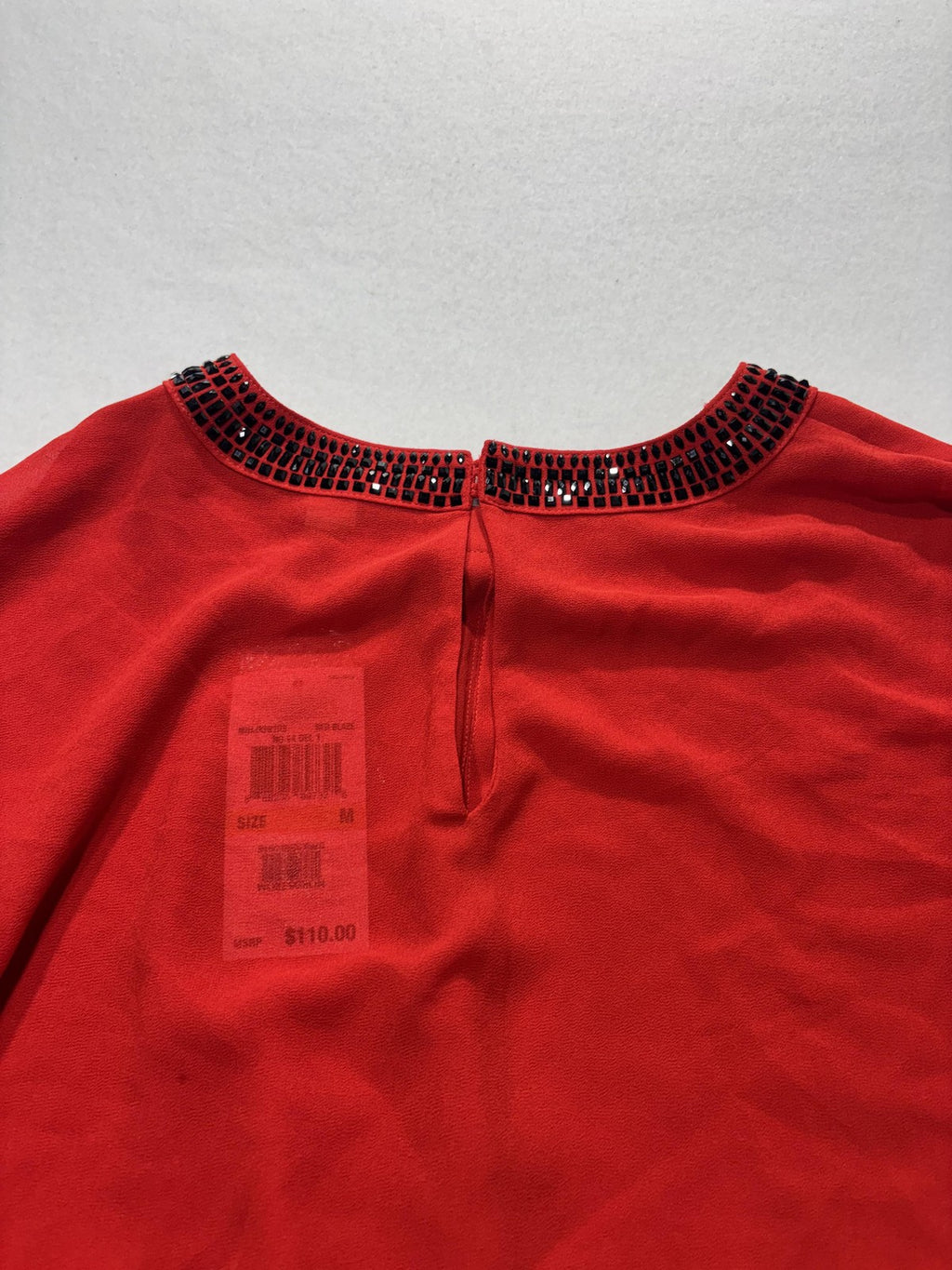 MICHAEL Michael Kors Blouse Womens Medium Red Sequin Neck 3/4 Sleeve Tunic Top