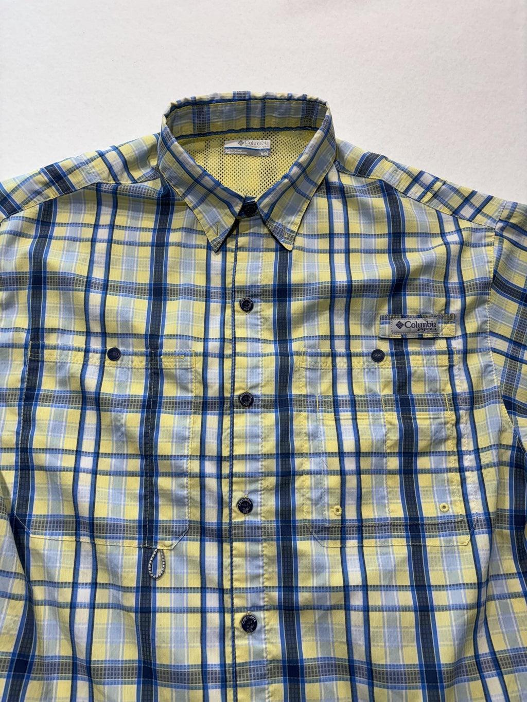 Columbia PFG Shirt Mens Medium Yellow Blue Plaid Long Sleeve Fishing Button Up