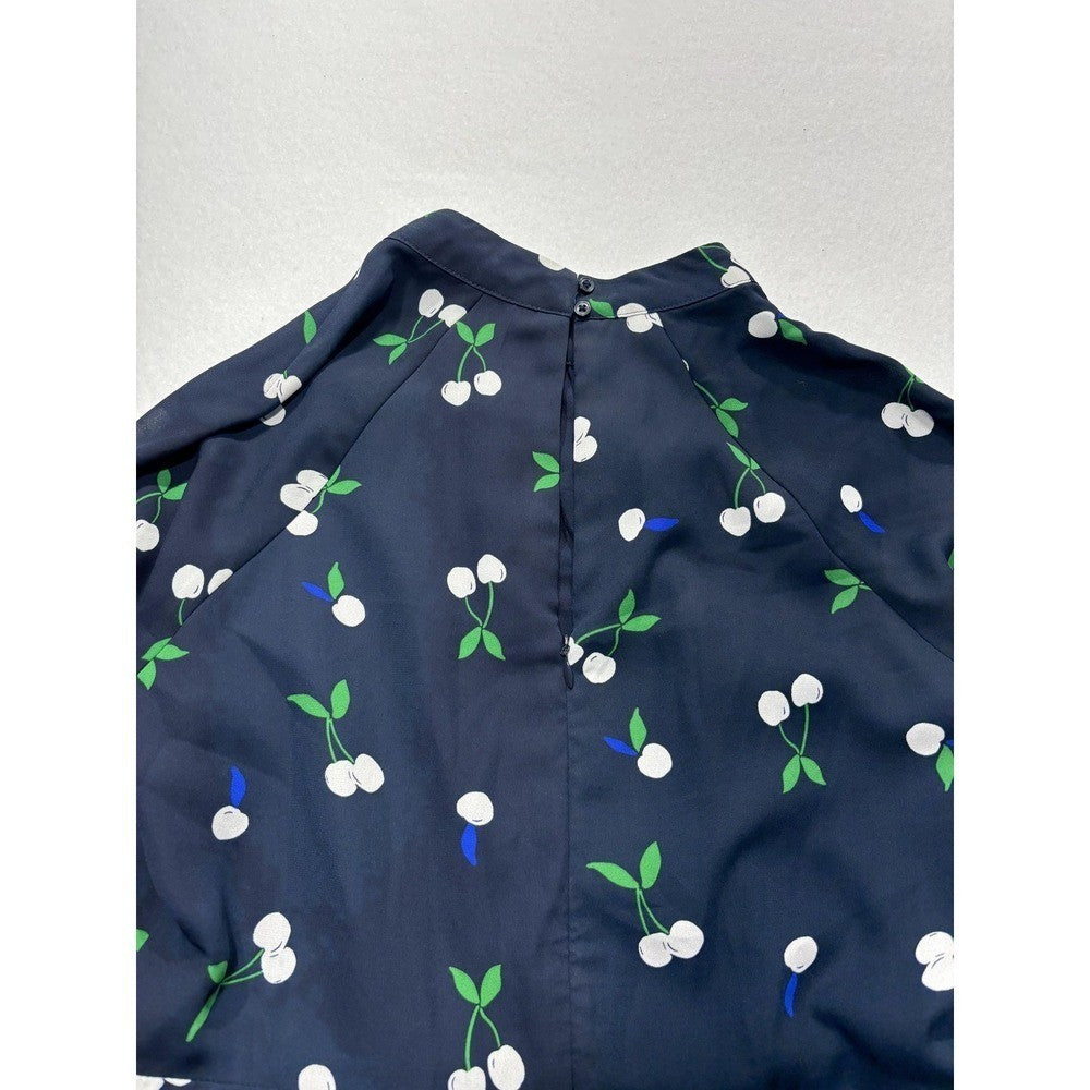 Banana Republic Dress Womens 6 Blue Cherry Print Mock Neck Long Sleeve Fit Flare